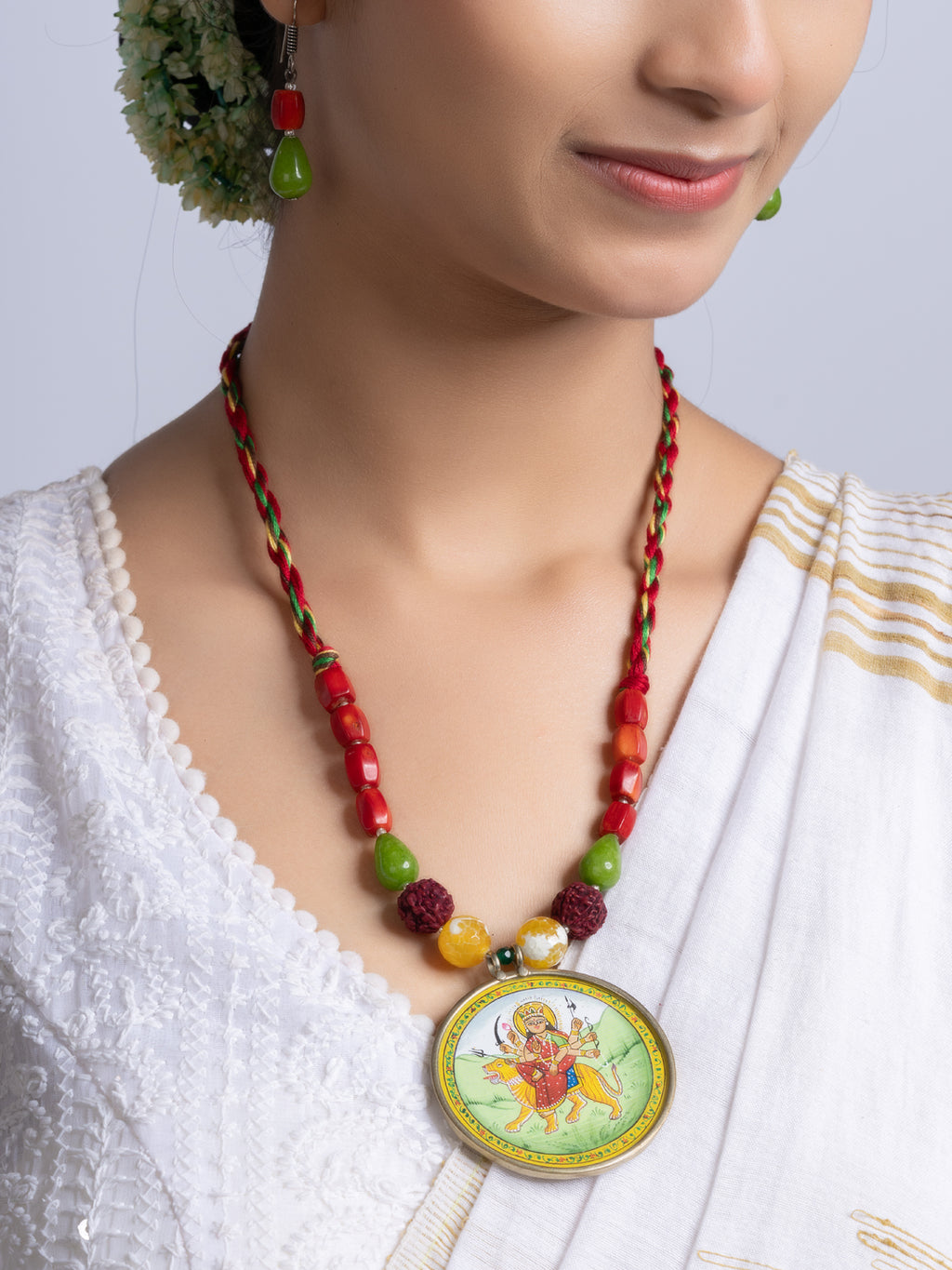 Miniature Durga Devi Red Green Coral Jade Adjustable Necklace Set With Earrings