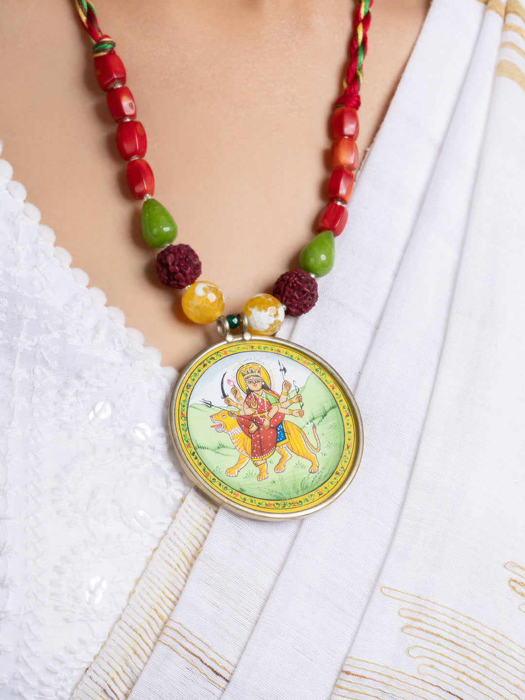 Miniature Durga Devi Red Green Coral Jade Adjustable Necklace Set With Earrings