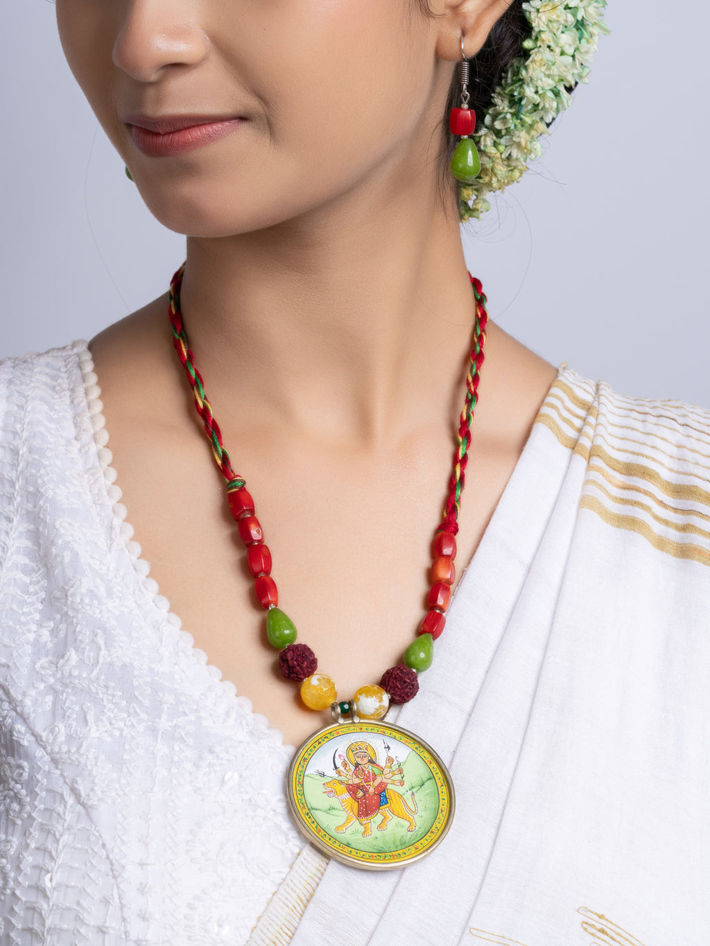 Miniature Durga Devi Red Green Coral Jade Adjustable Necklace Set With Earrings