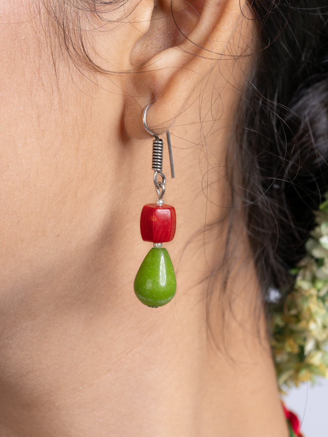 Miniature Durga Devi Red Green Coral Jade Adjustable Necklace Set With Earrings