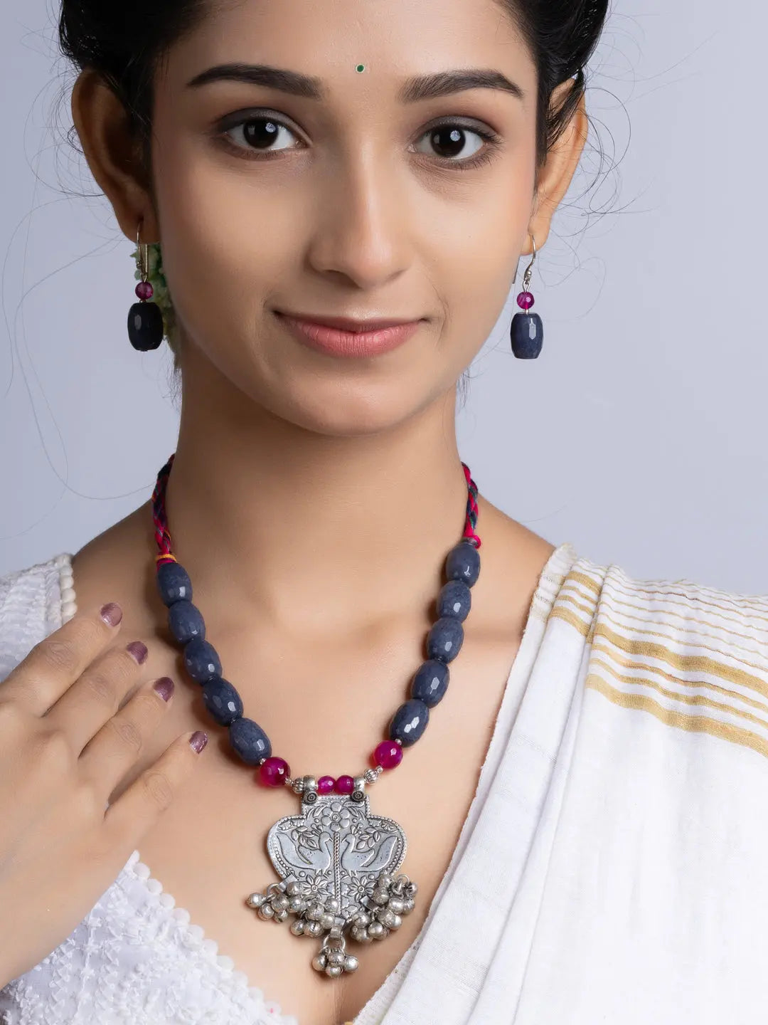 Grey Pink Jade Onyx Oxidized Silver Peacock ghungroo Necklace Set With Earrings LOOK AND ADORN - designed for you