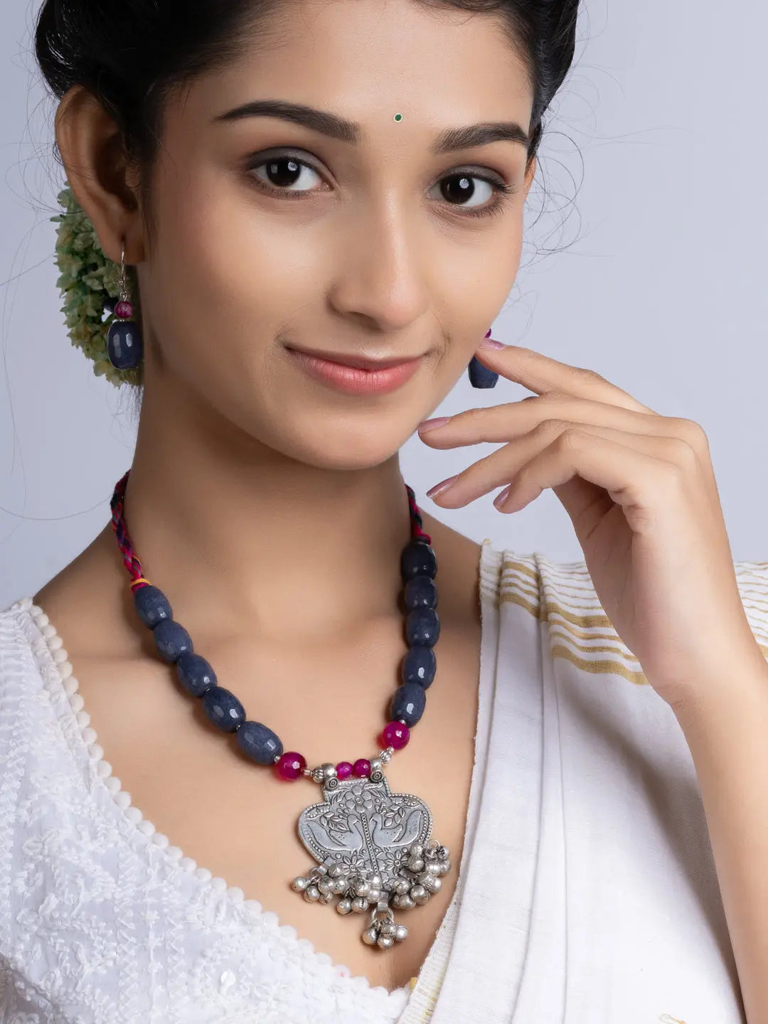 Grey Pink Jade Onyx Oxidized Silver Peacock ghungroo Necklace Set With Earrings LOOK AND ADORN - designed for you