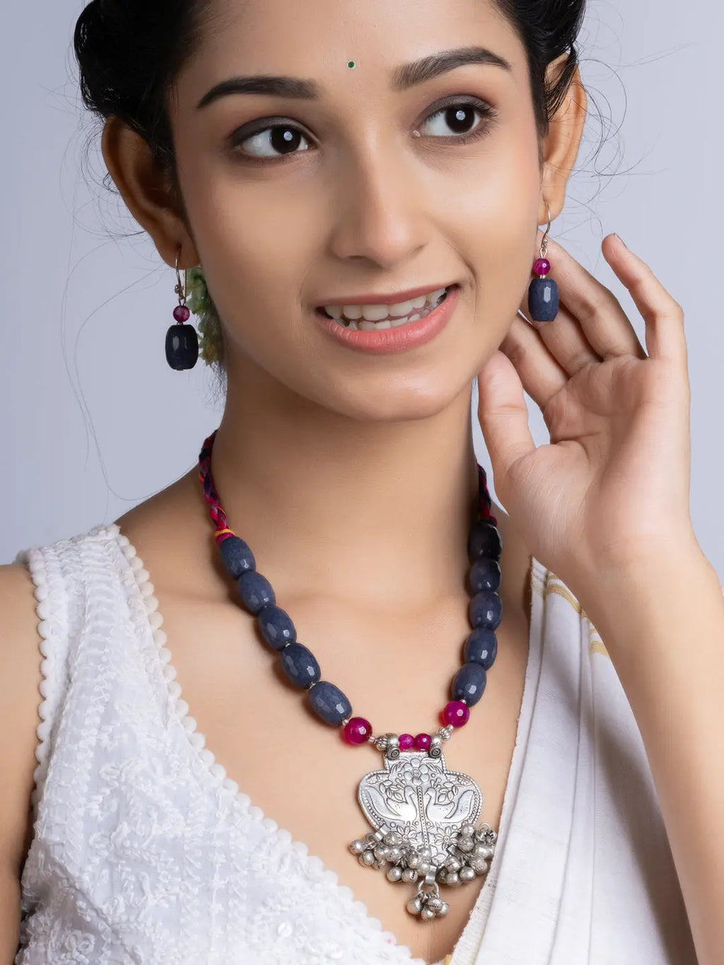 Grey Pink Jade Onyx Oxidized Silver Peacock ghungroo Necklace Set With Earrings LOOK AND ADORN - designed for you