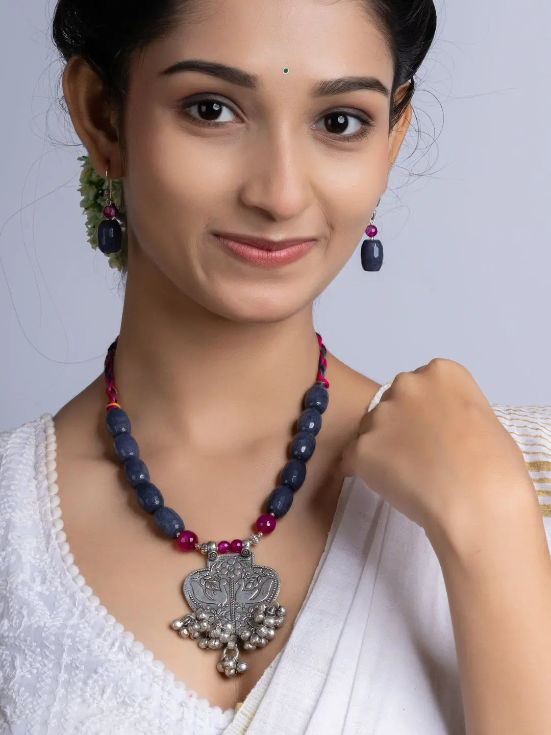 Grey Pink Jade Onyx Oxidized Silver Peacock ghungroo Necklace Set With Earrings LOOK AND ADORN - designed for you