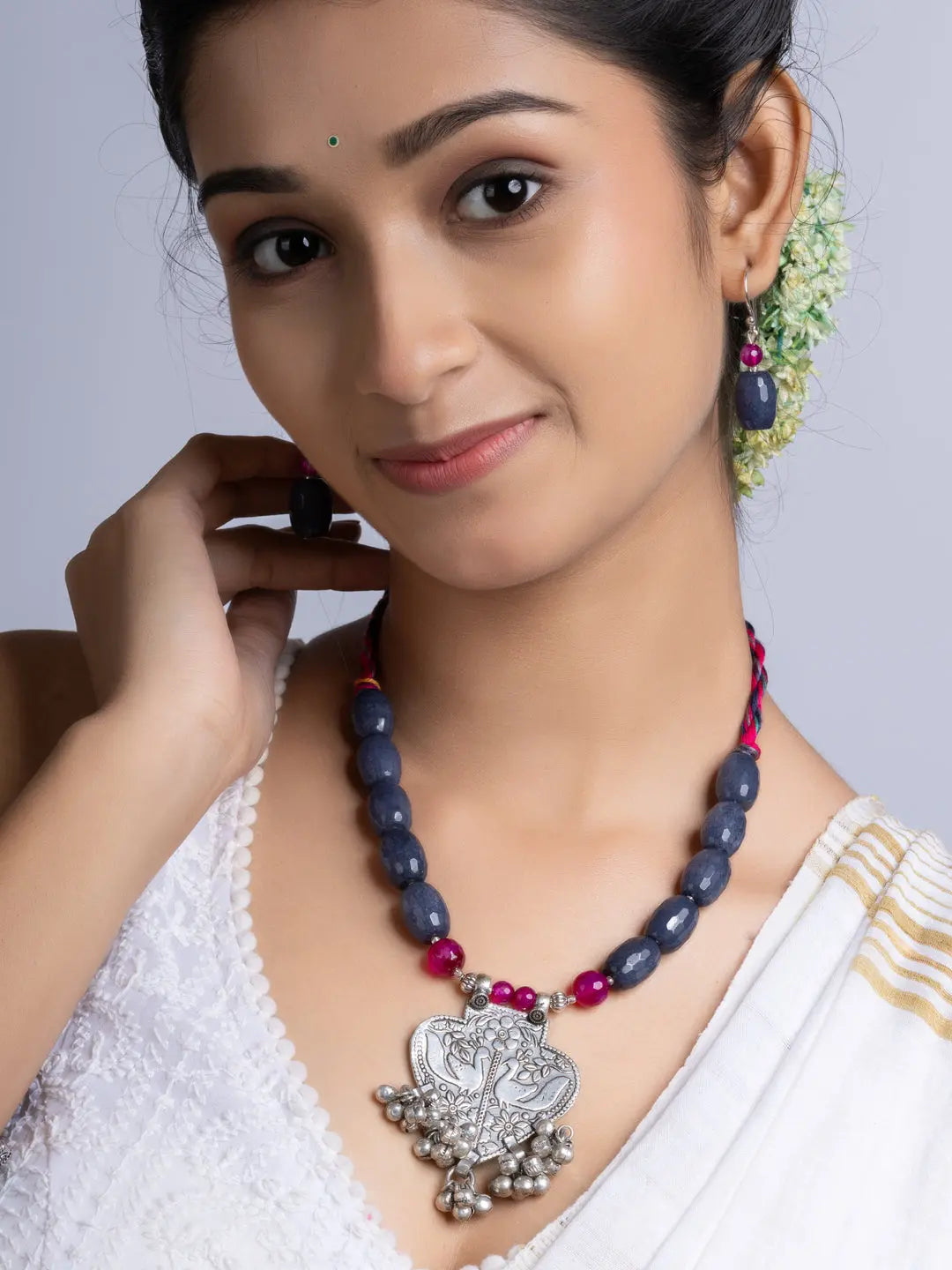 Grey Pink Jade Onyx Oxidized Silver Peacock ghungroo Necklace Set With Earrings LOOK AND ADORN - designed for you