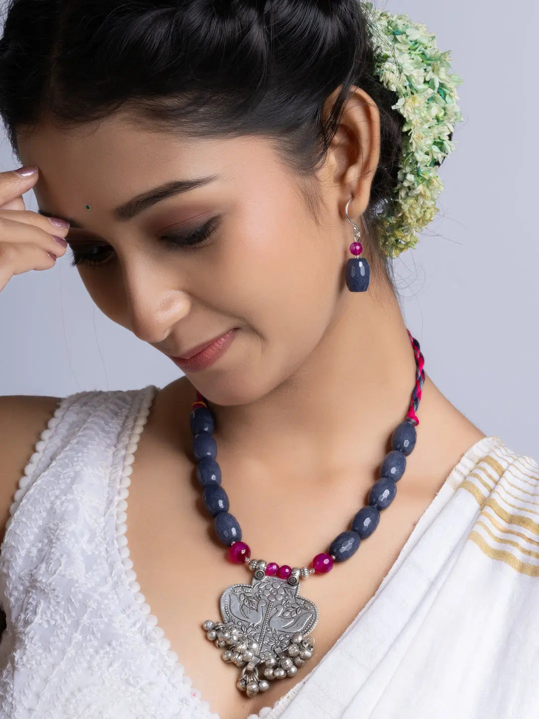 Grey Pink Jade Onyx Oxidized Silver Peacock ghungroo Necklace Set With Earrings LOOK AND ADORN - designed for you