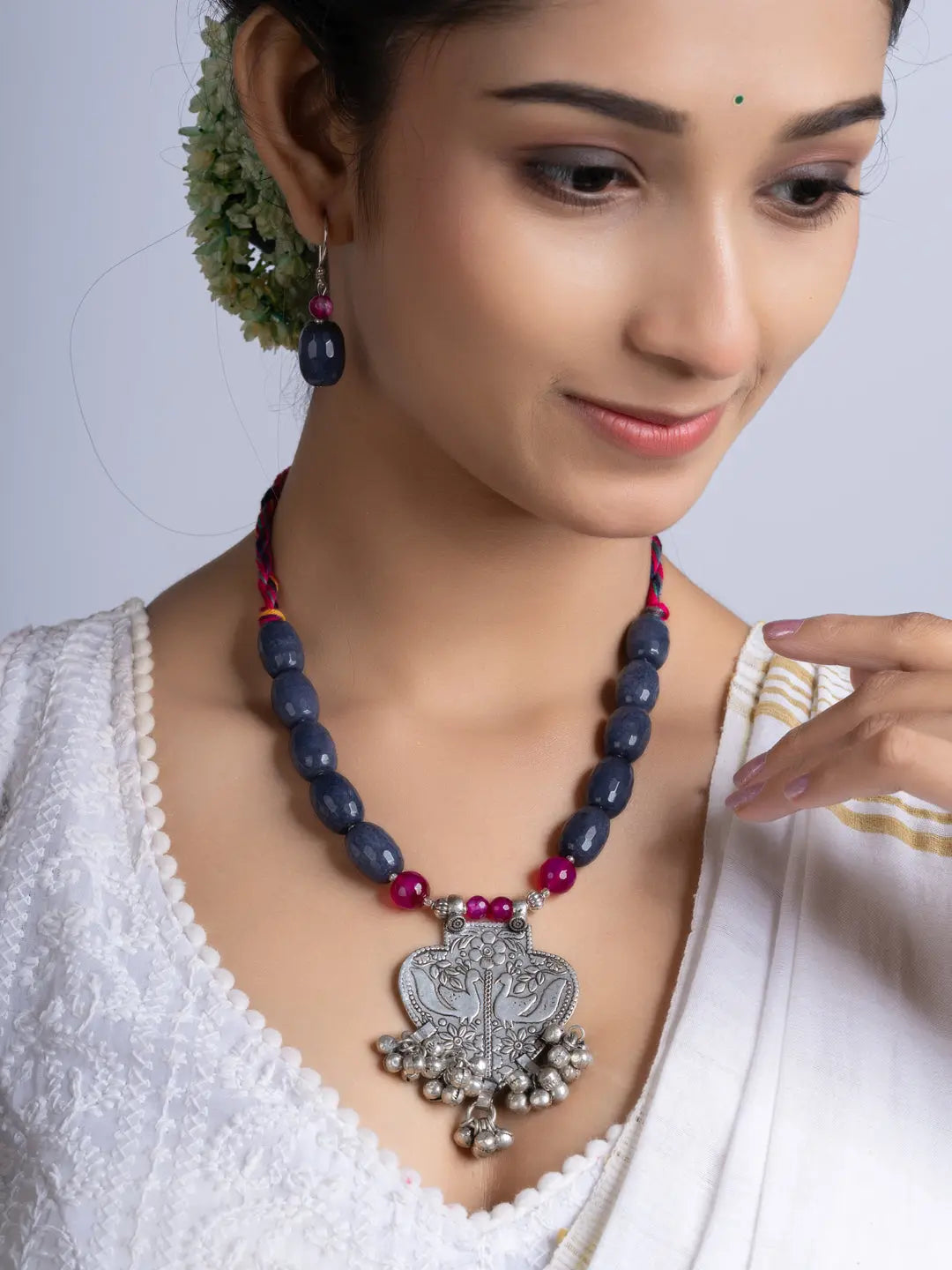 Grey Pink Jade Onyx Oxidized Silver Peacock ghungroo Necklace Set With Earrings LOOK AND ADORN - designed for you