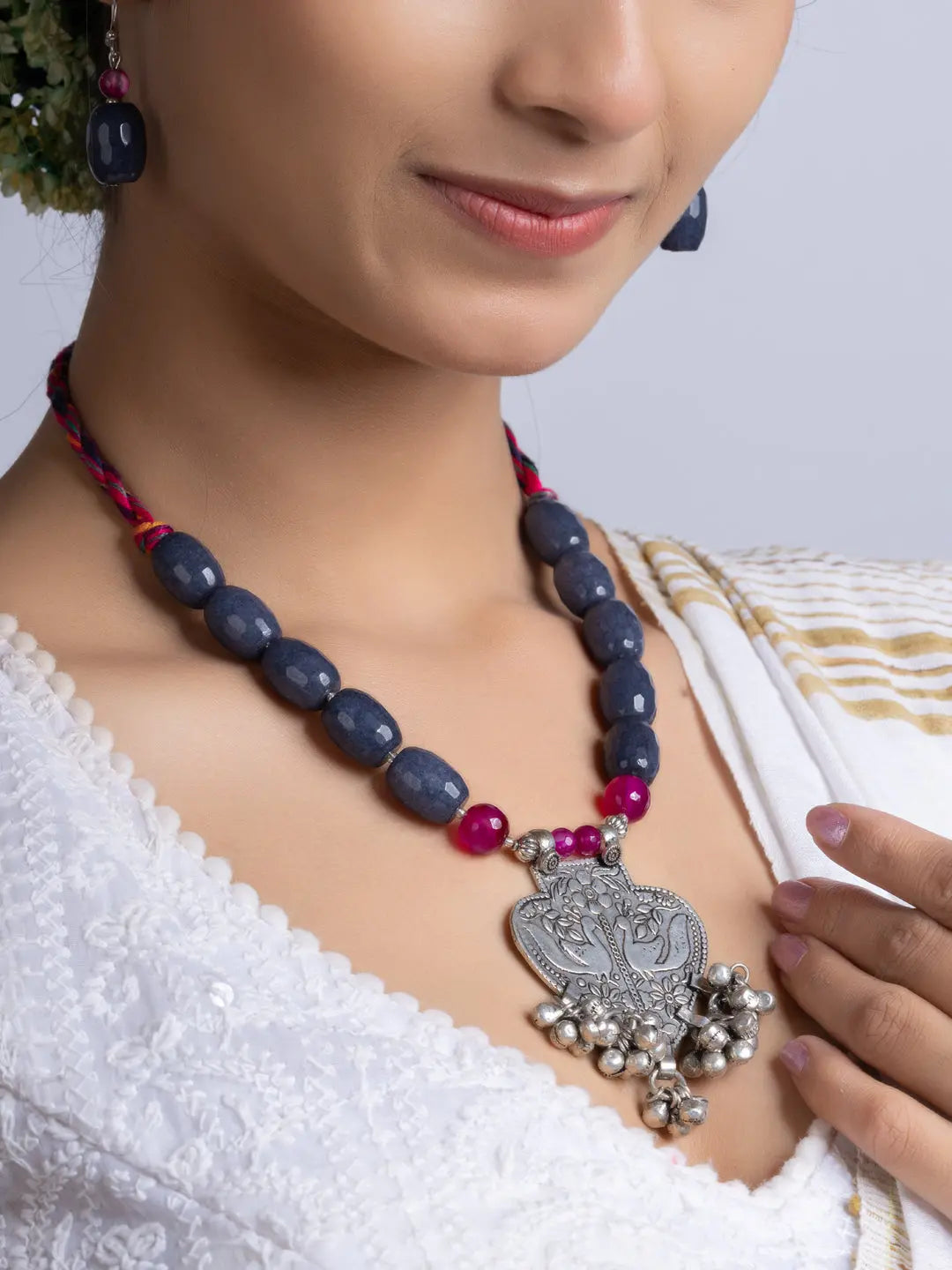 Grey Pink Jade Onyx Oxidized Silver Peacock ghungroo Necklace Set With Earrings LOOK AND ADORN - designed for you