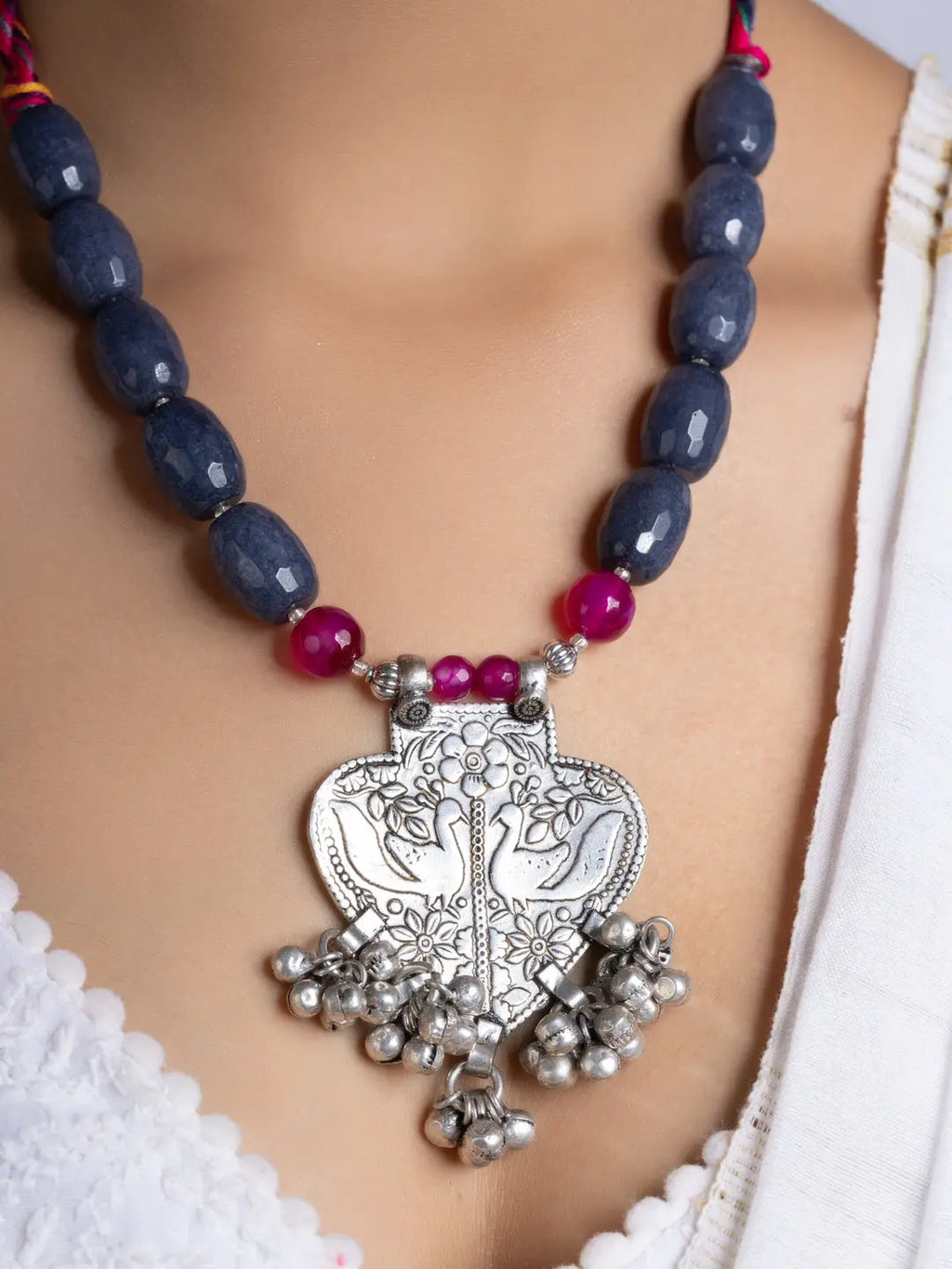 Grey Pink Jade Onyx Oxidized Silver Peacock ghungroo Necklace Set With Earrings LOOK AND ADORN - designed for you