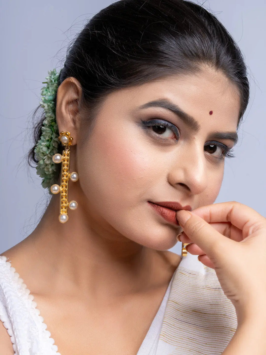 Floral Pearl Studded Brass Dangler Earrings - Lookandadorn.com