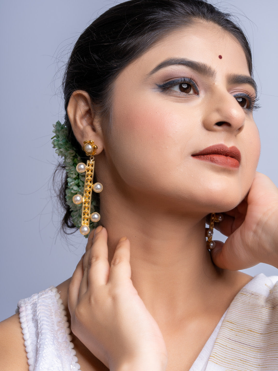 Floral Pearl Studded Brass Dangler Earrings - Lookandadorn.com