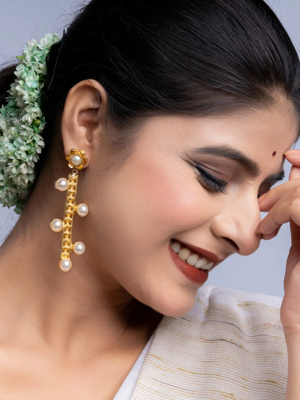 Floral Pearl Studded Brass Dangler Earrings - Lookandadorn.com