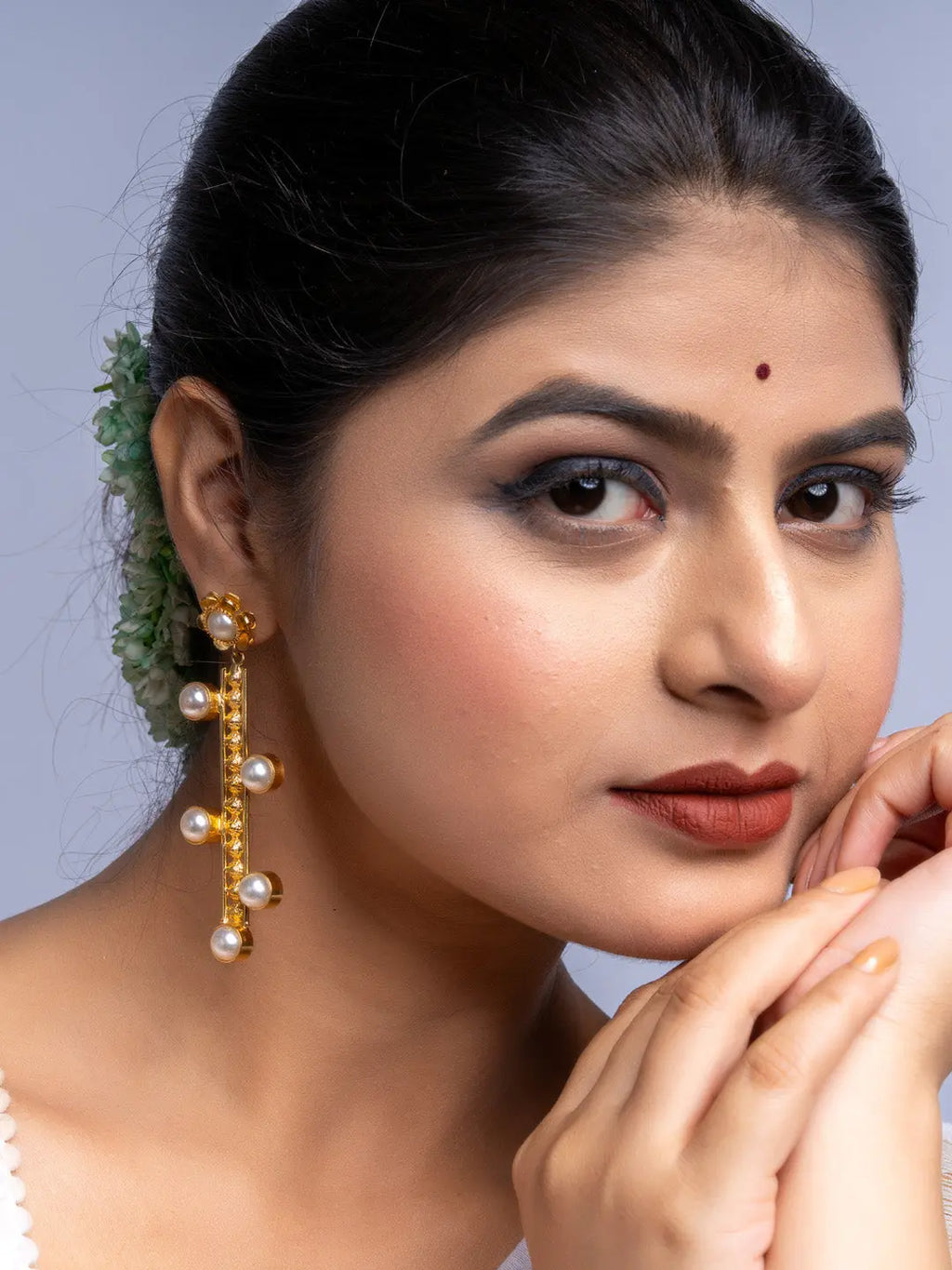 Floral Pearl Studded Brass Dangler Earrings - Lookandadorn.com