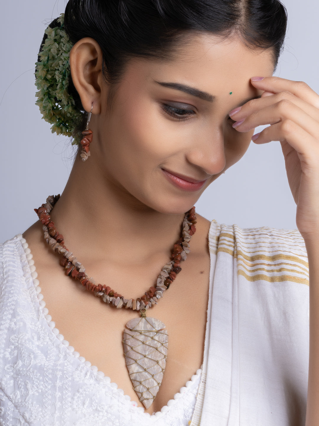 Brown Jasper Drop stone chips Necklace Set With Earrings