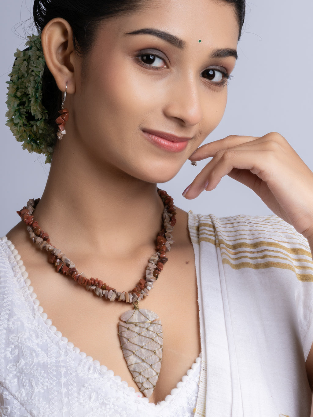 Brown Jasper Drop stone chips Necklace Set With Earrings