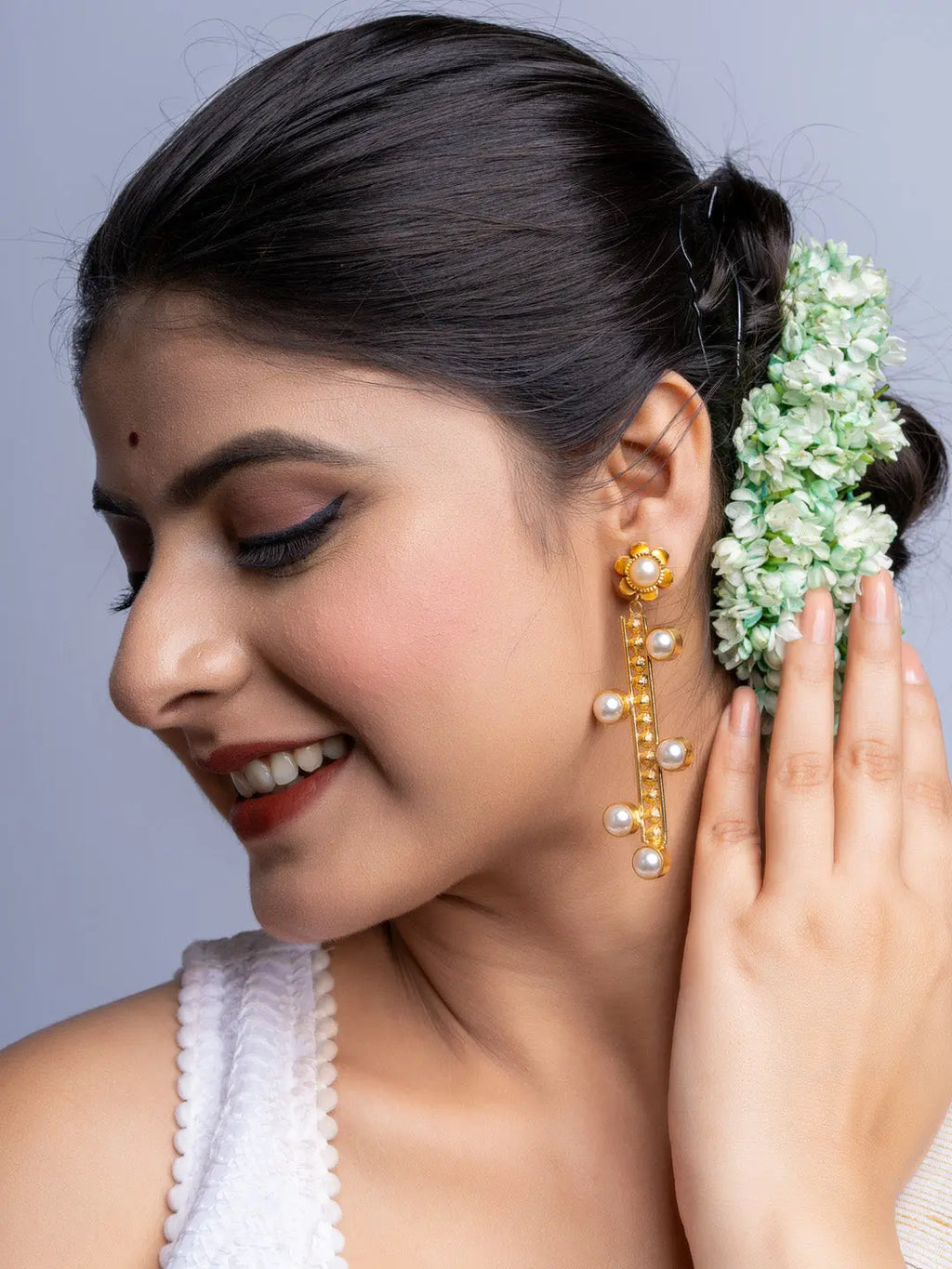 Floral Pearl Studded Brass Dangler Earrings - Lookandadorn.com