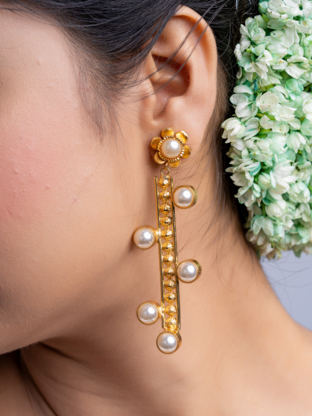 Floral Pearl Studded Brass Dangler Earrings - Lookandadorn.com