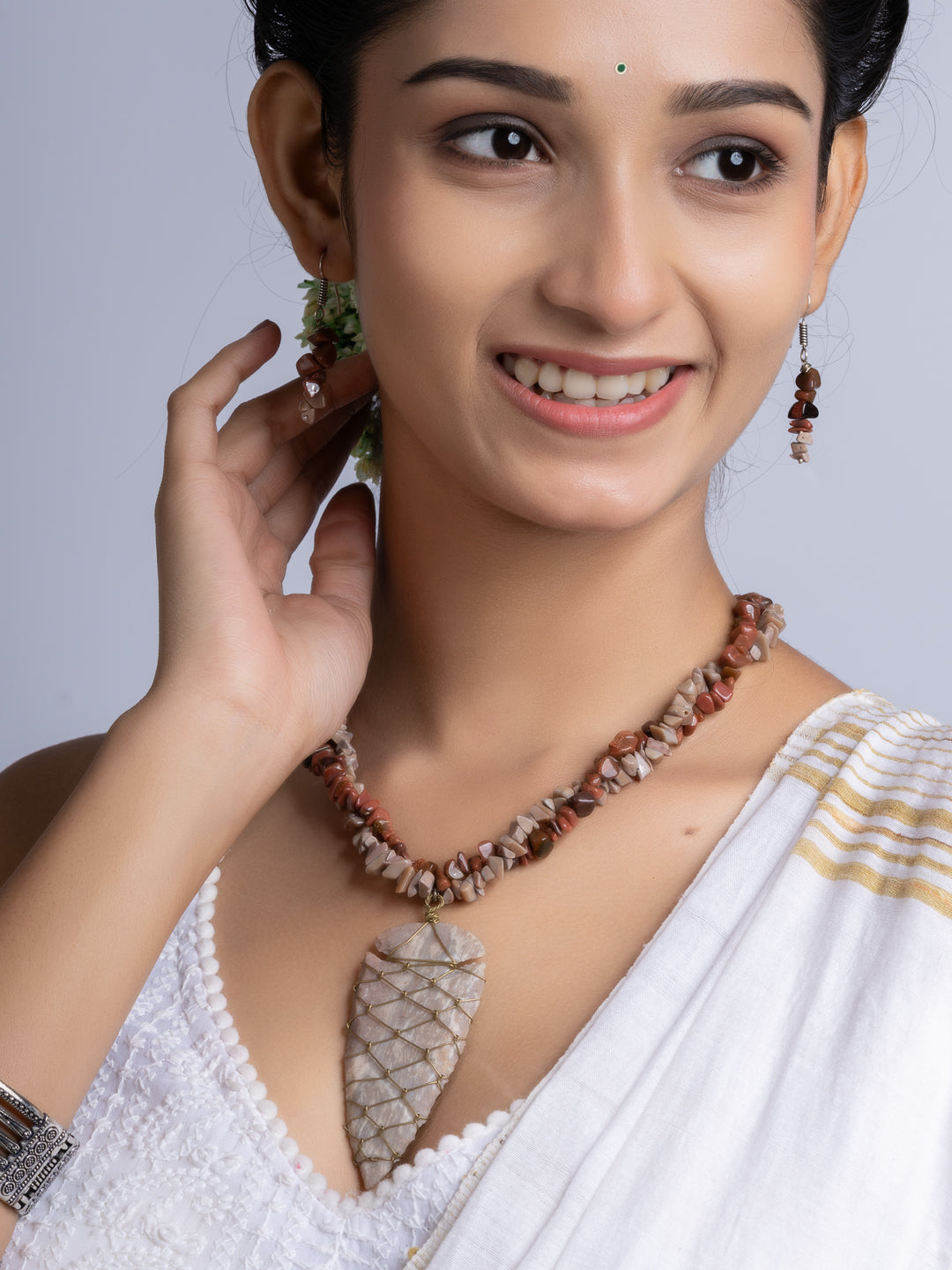 Brown Jasper Drop stone chips Necklace Set With Earrings