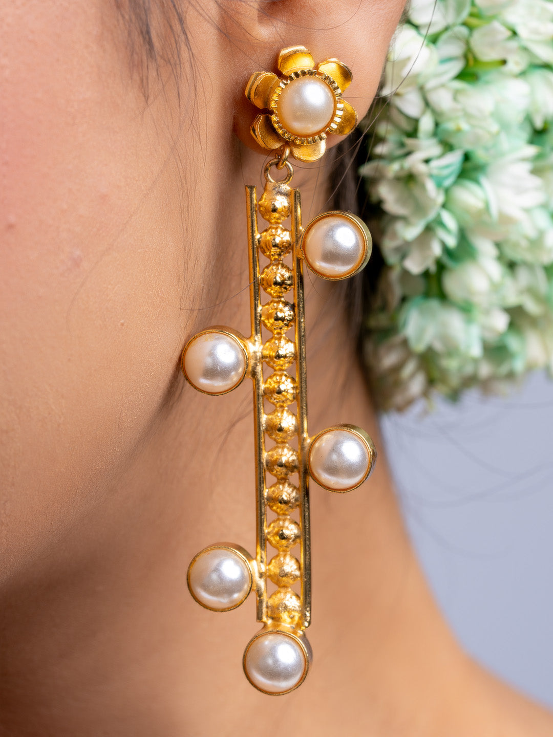 Floral Pearl Studded Brass Dangler Earrings - Lookandadorn.com