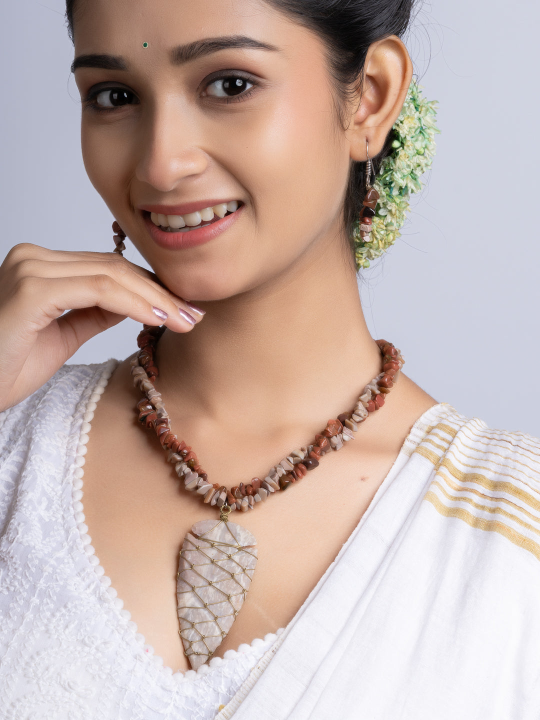 Brown Jasper Drop stone chips Necklace Set With Earrings