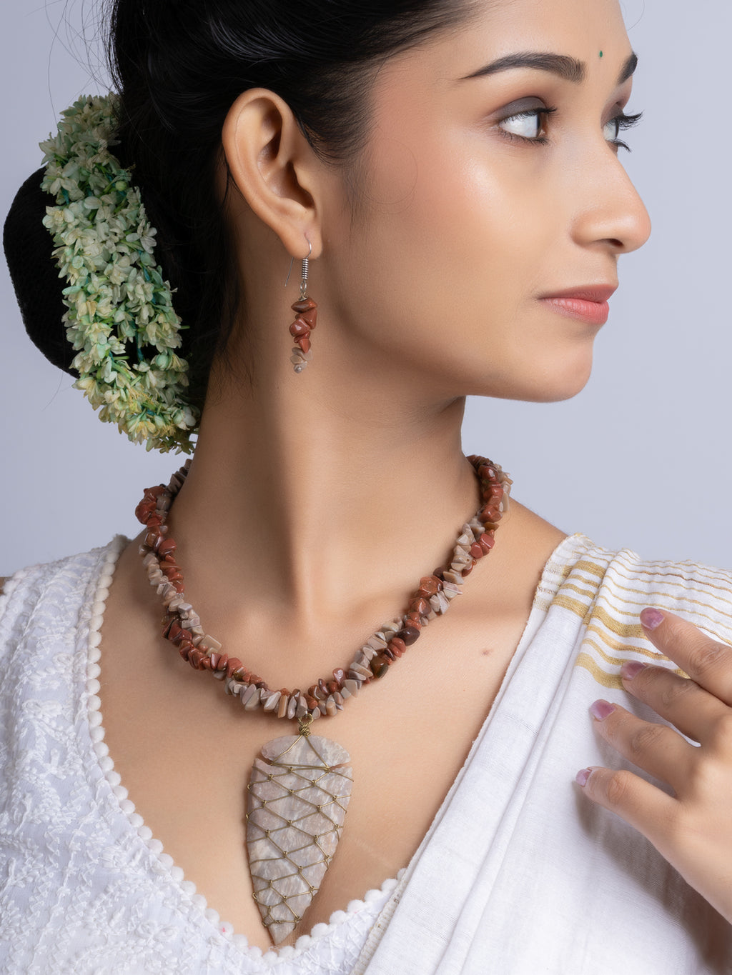 Brown Jasper Drop stone chips Necklace Set With Earrings