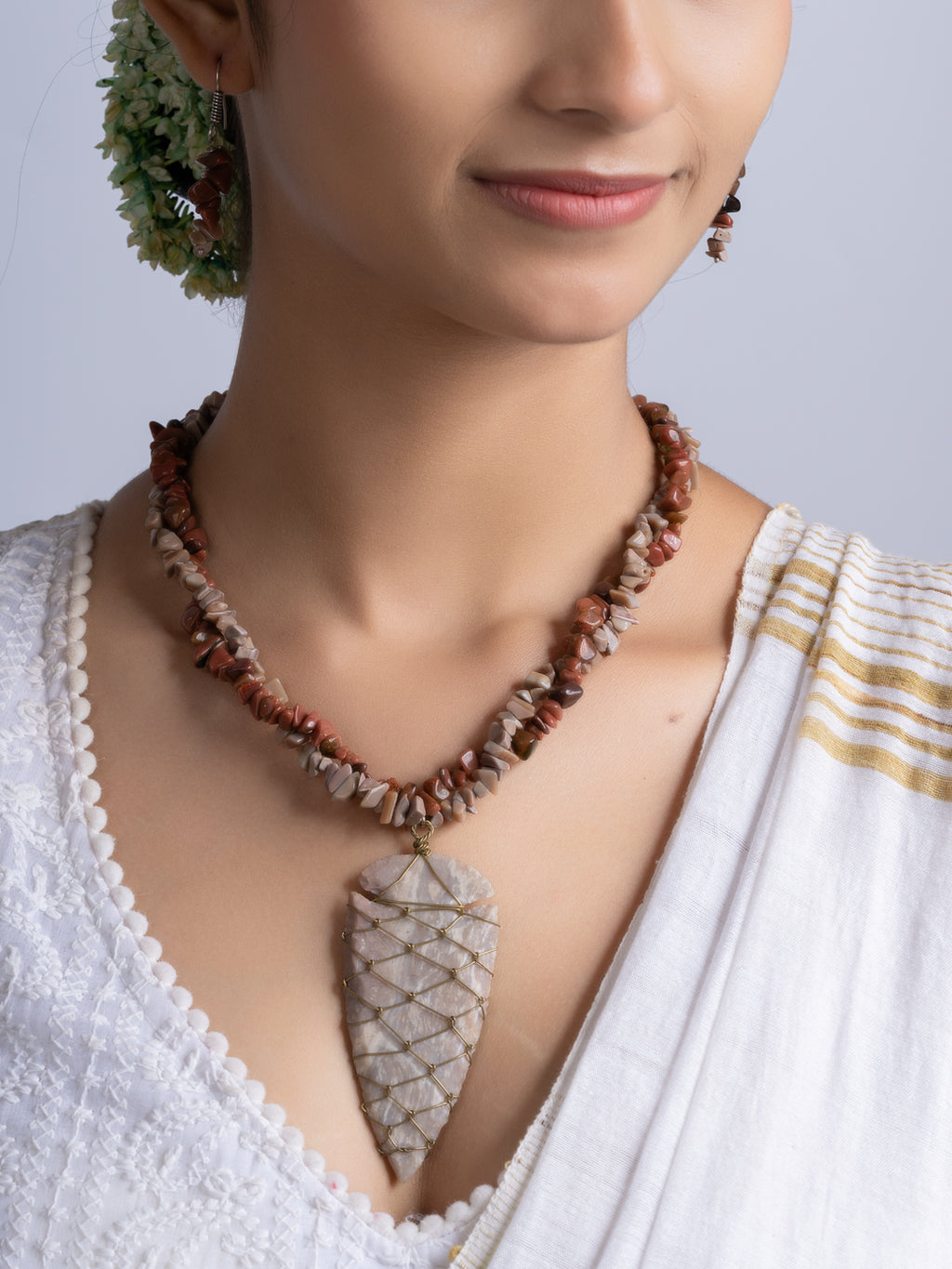 Brown Jasper Drop stone chips Necklace Set With Earrings