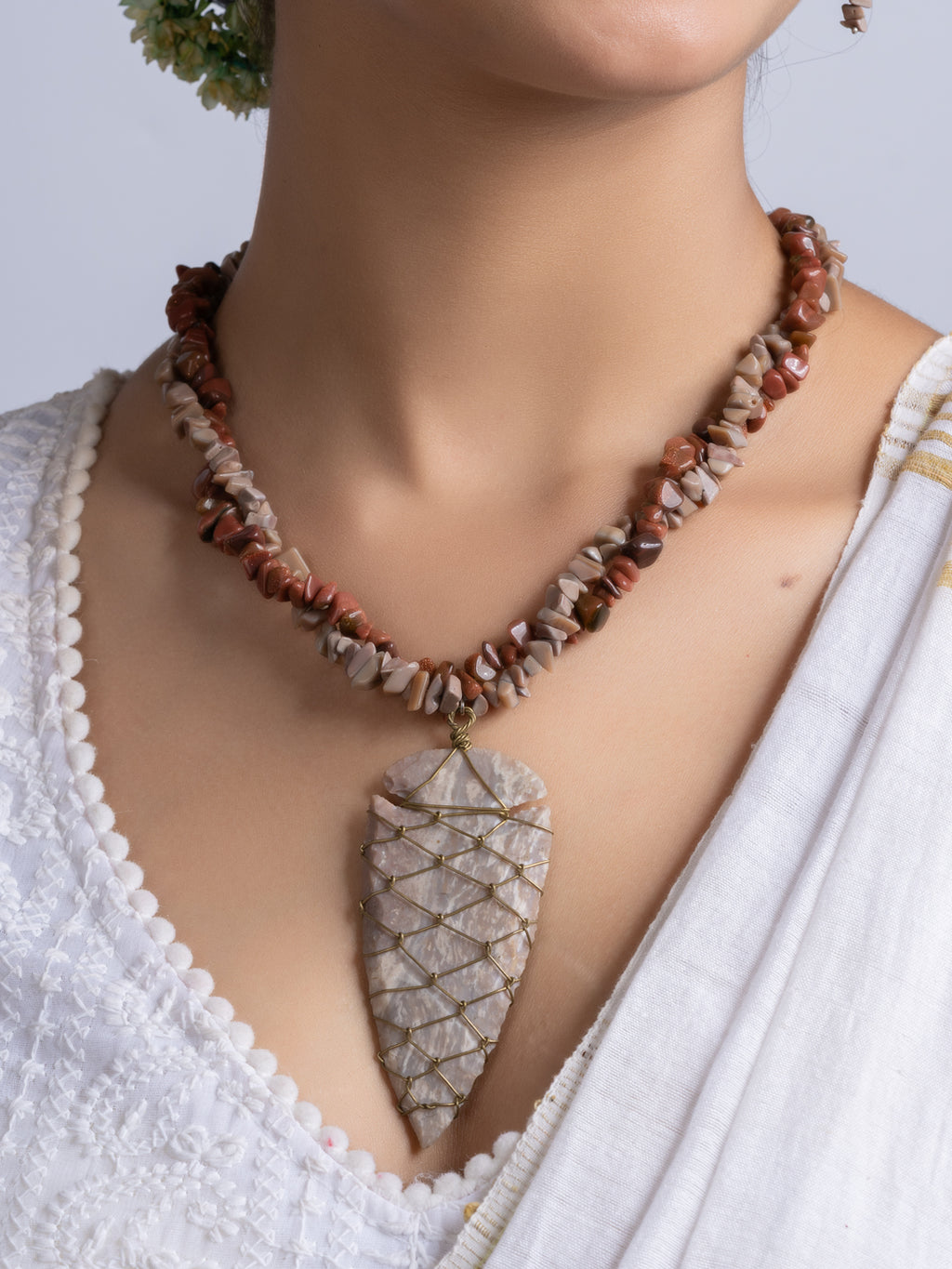 Brown Jasper Drop stone chips Necklace Set With Earrings