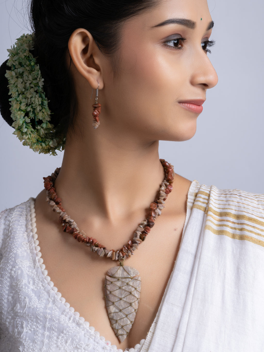 Brown Jasper Drop stone chips Necklace Set With Earrings