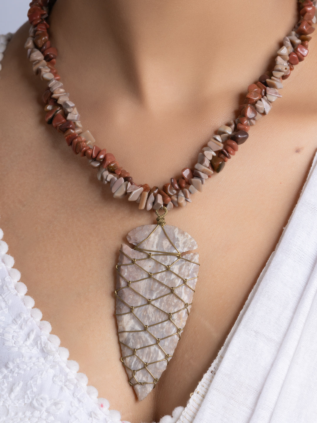 Brown Jasper Drop stone chips Necklace Set With Earrings