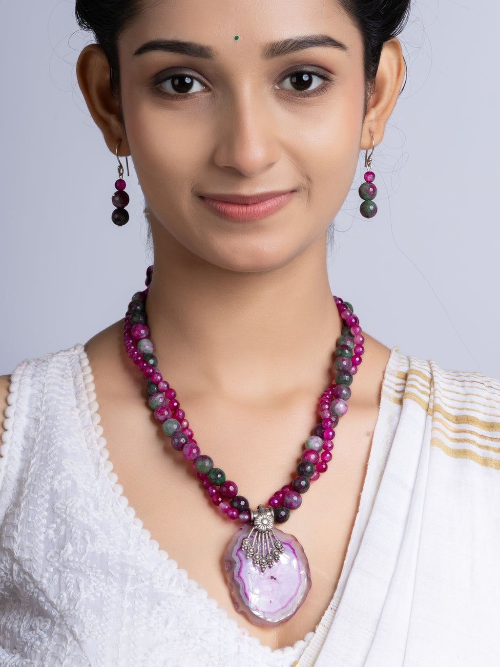 Purple Pink Green Onyx Agate Necklace Set With Earrings