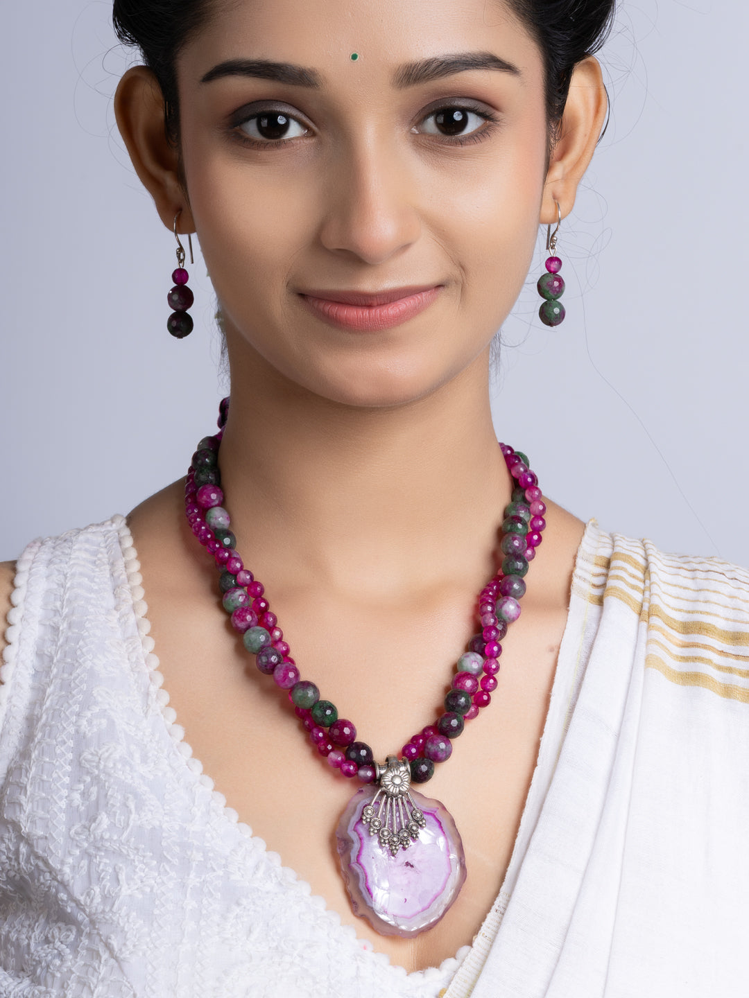 Purple Pink Green Onyx Agate Necklace Set With Earrings