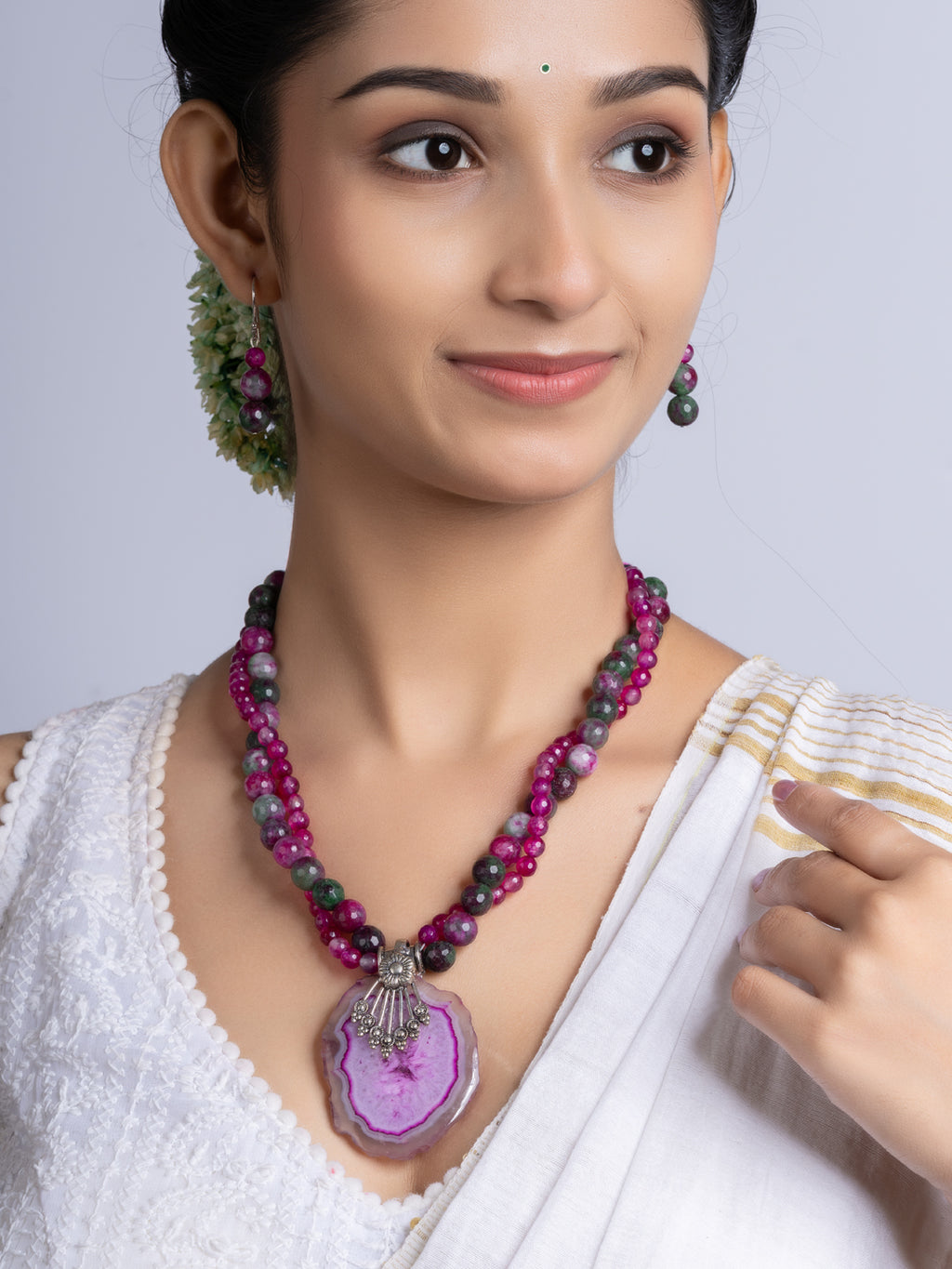 Purple Pink Green Onyx Agate Necklace Set With Earrings