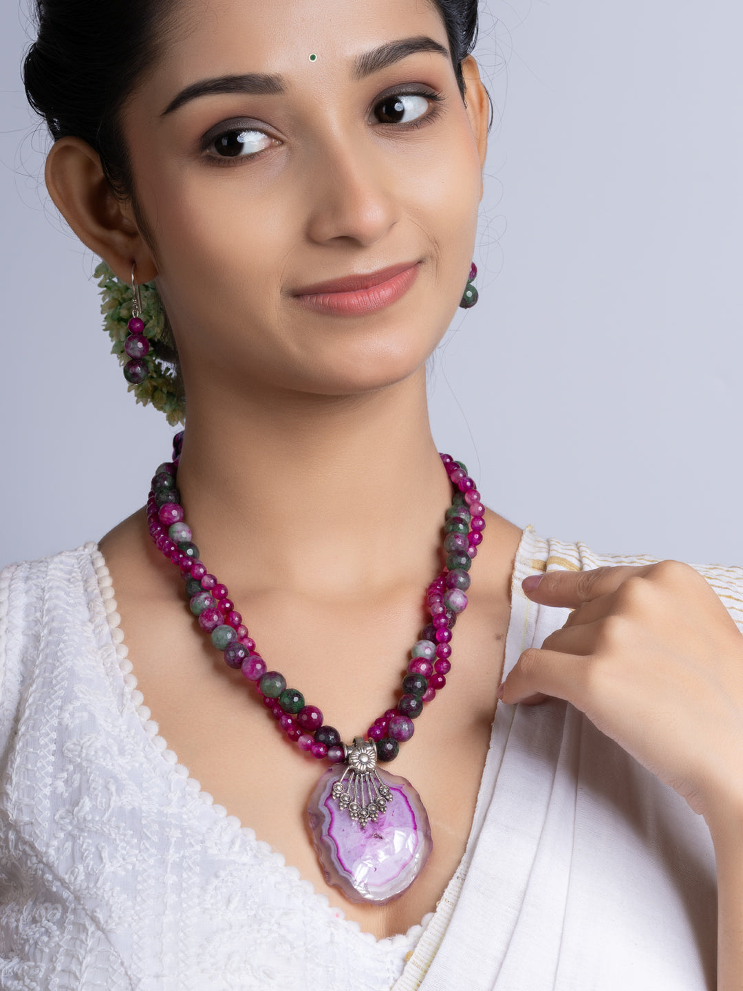 Purple Pink Green Onyx Agate Necklace Set With Earrings
