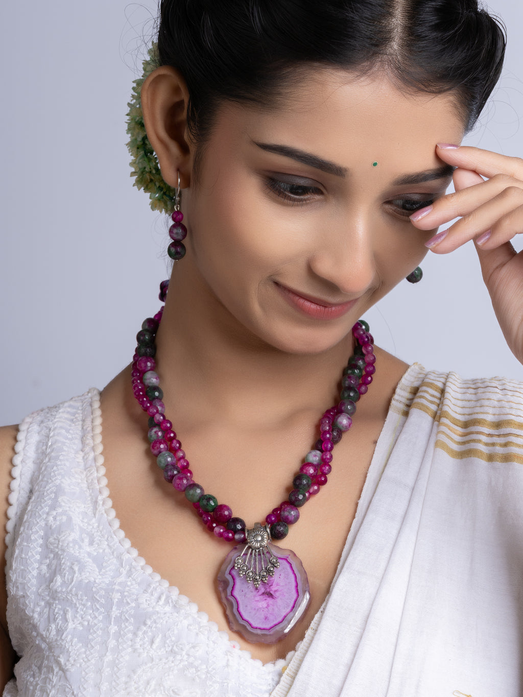 Purple Pink Green Onyx Agate Necklace Set With Earrings