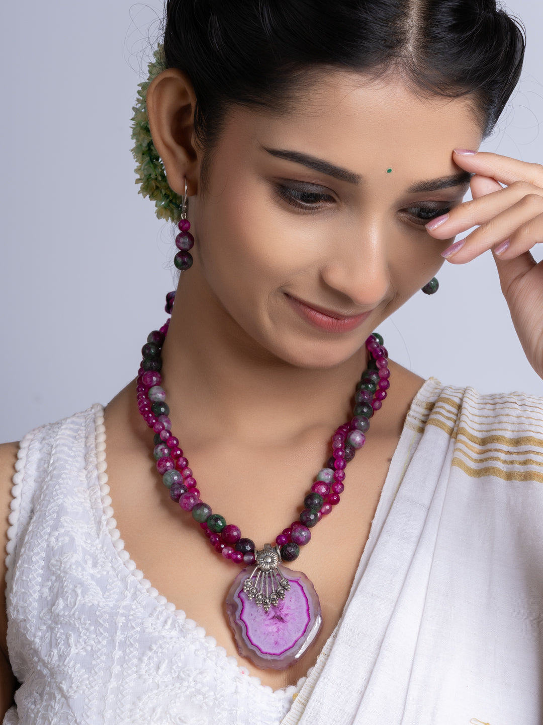 Purple Pink Green Onyx Agate Necklace Set With Earrings