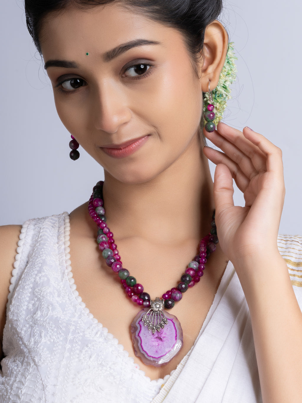 Purple Pink Green Onyx Agate Necklace Set With Earrings