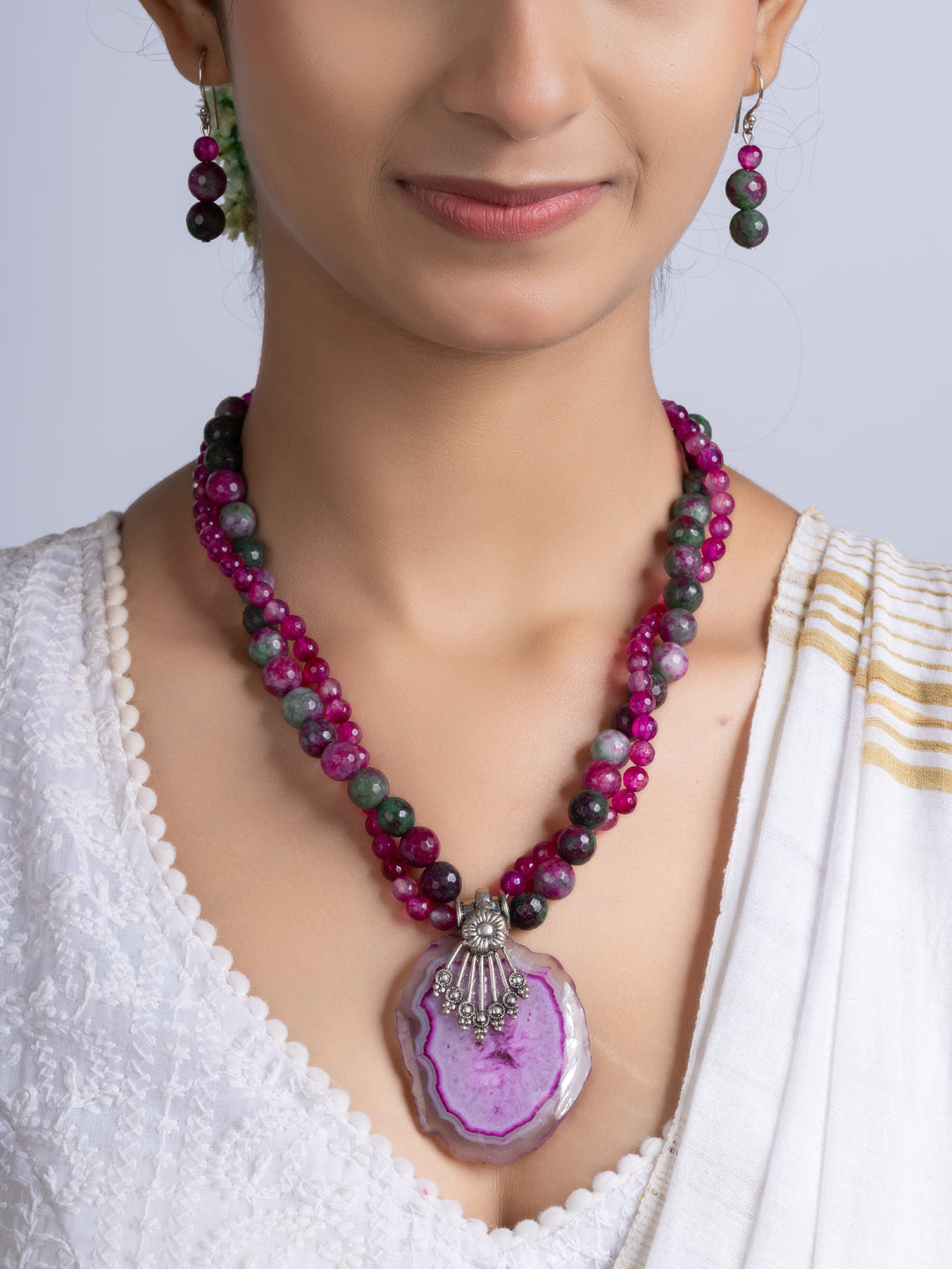 Purple Pink Green Onyx Agate Necklace Set With Earrings