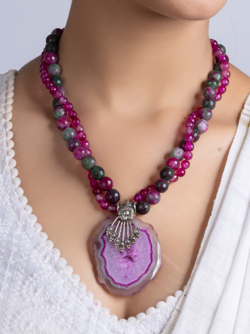 Purple Pink Green Onyx Agate Necklace Set With Earrings