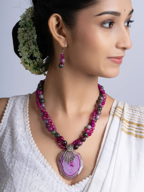 Purple Pink Green Onyx Agate Necklace Set With Earrings LOOK AND ADORN - designed for you