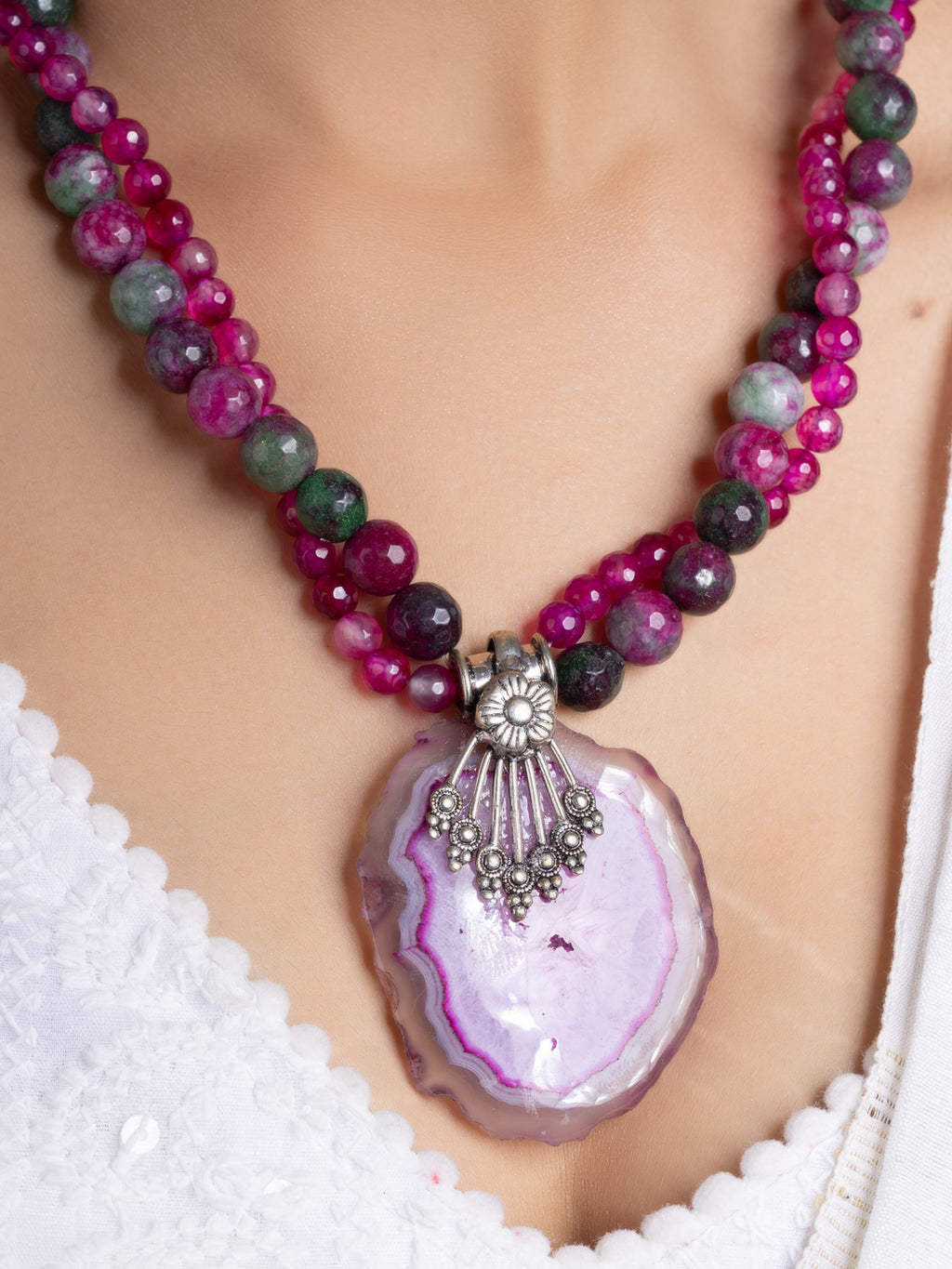 Purple Pink Green Onyx Agate Necklace Set With Earrings