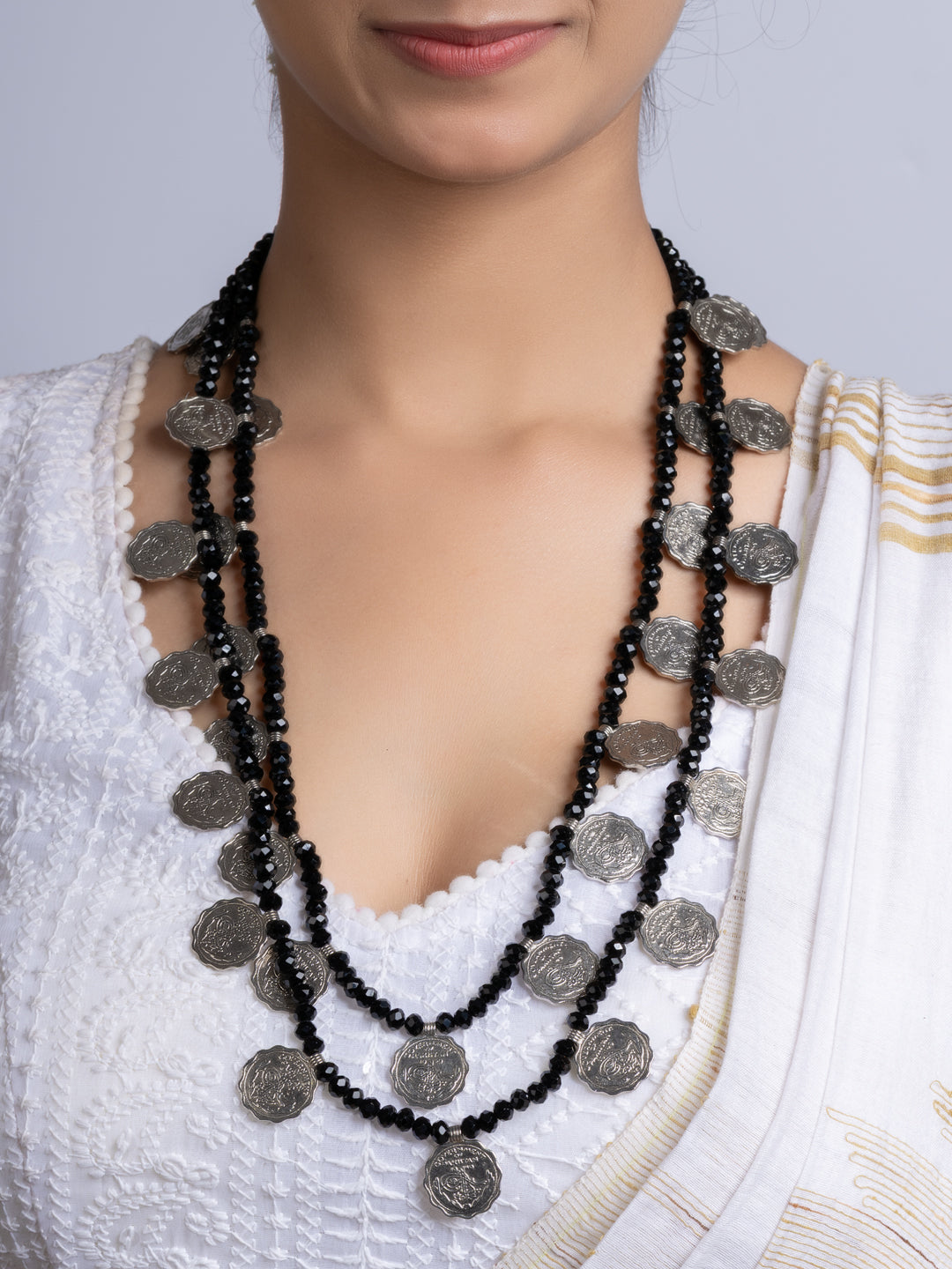 Double layer Black Crystal Coin Necklace Set With Earrings