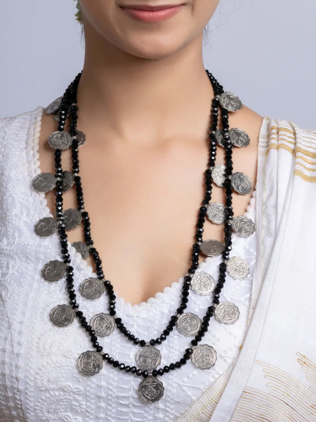 Double layer Black Crystal Coin Necklace Set With Earrings LOOK AND ADORN - designed for you