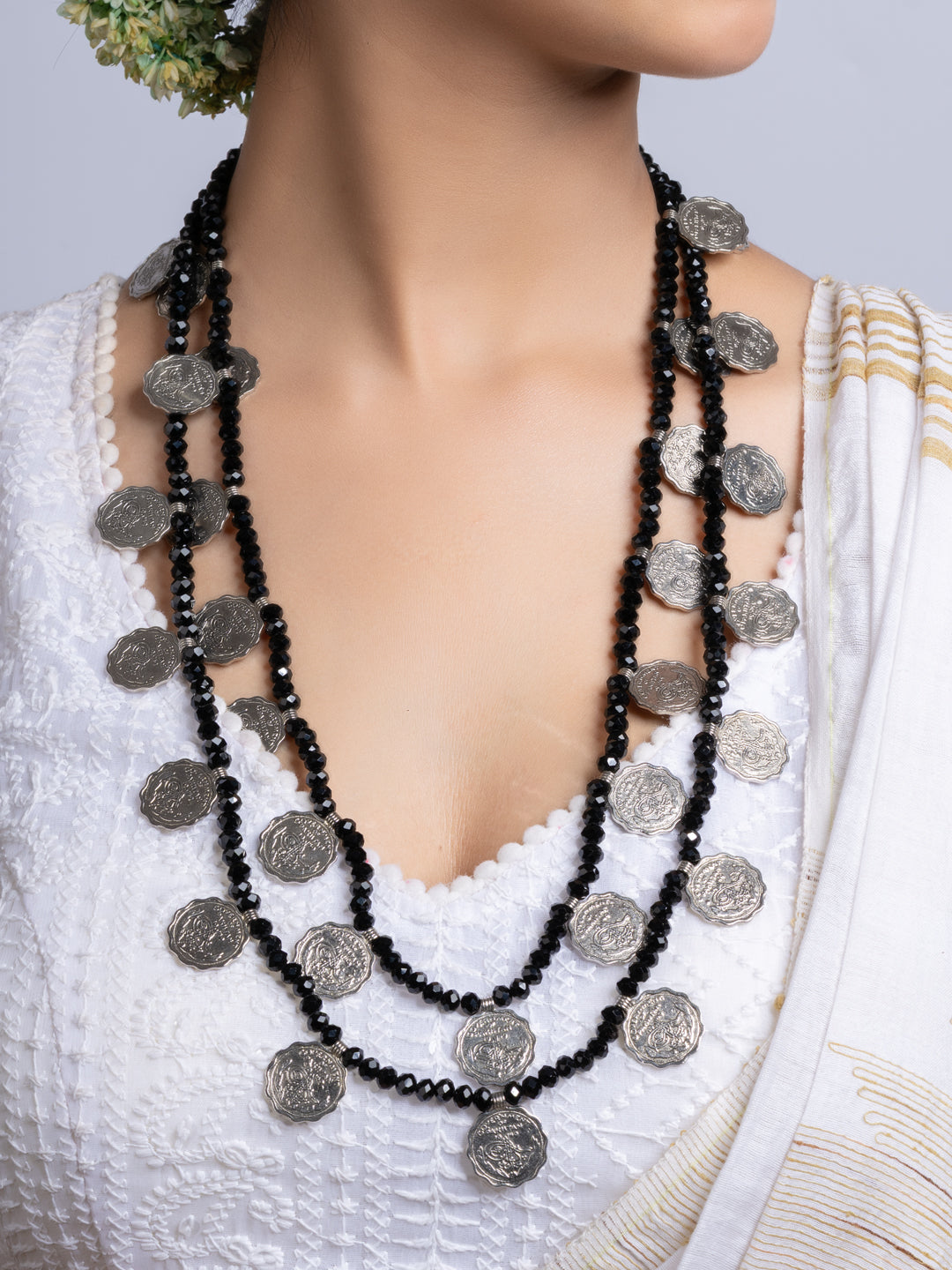 Double layer Black Crystal Coin Necklace Set With Earrings