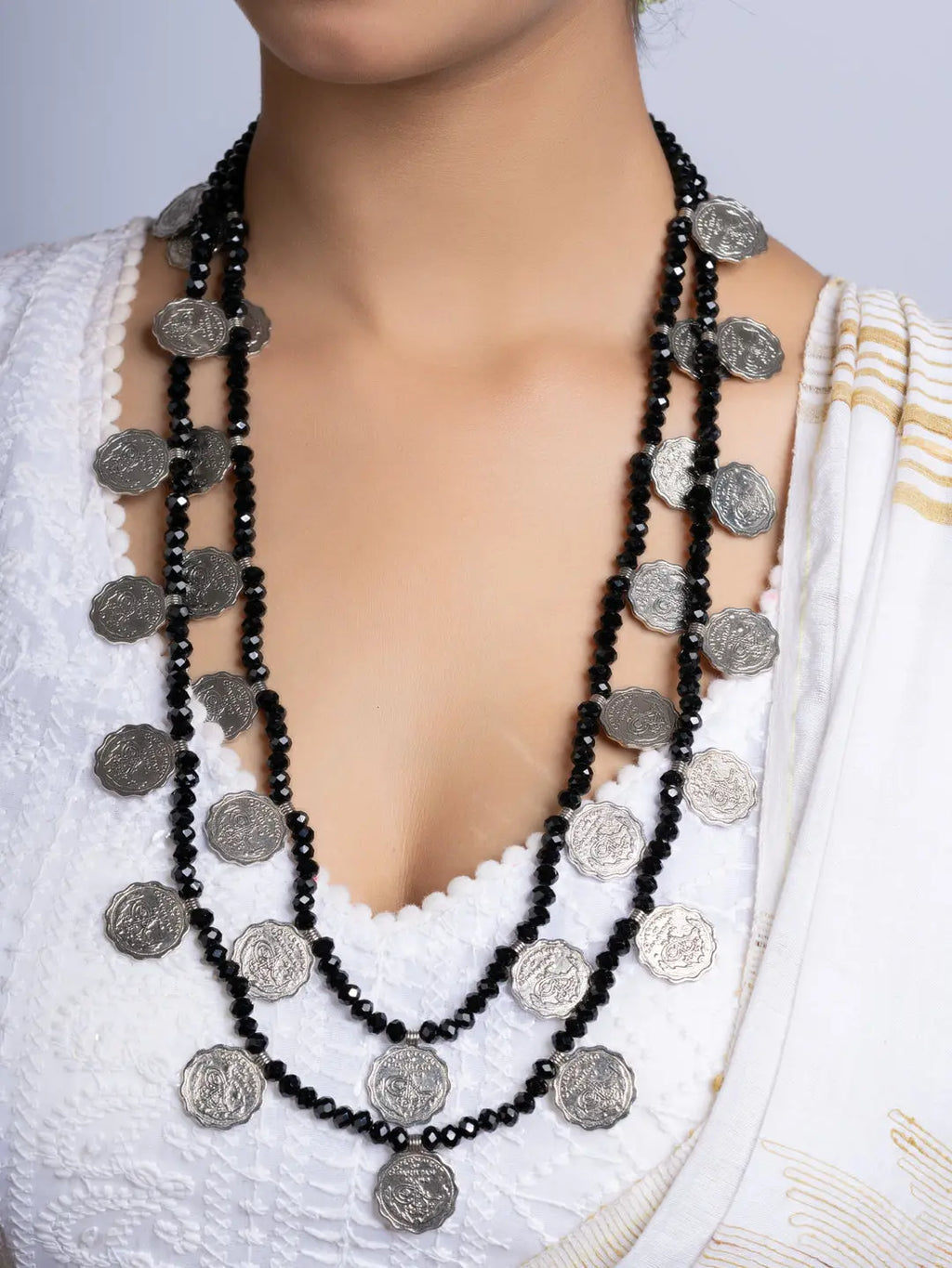 Double layer Black Crystal Coin Necklace Set With Earrings LOOK AND ADORN - designed for you