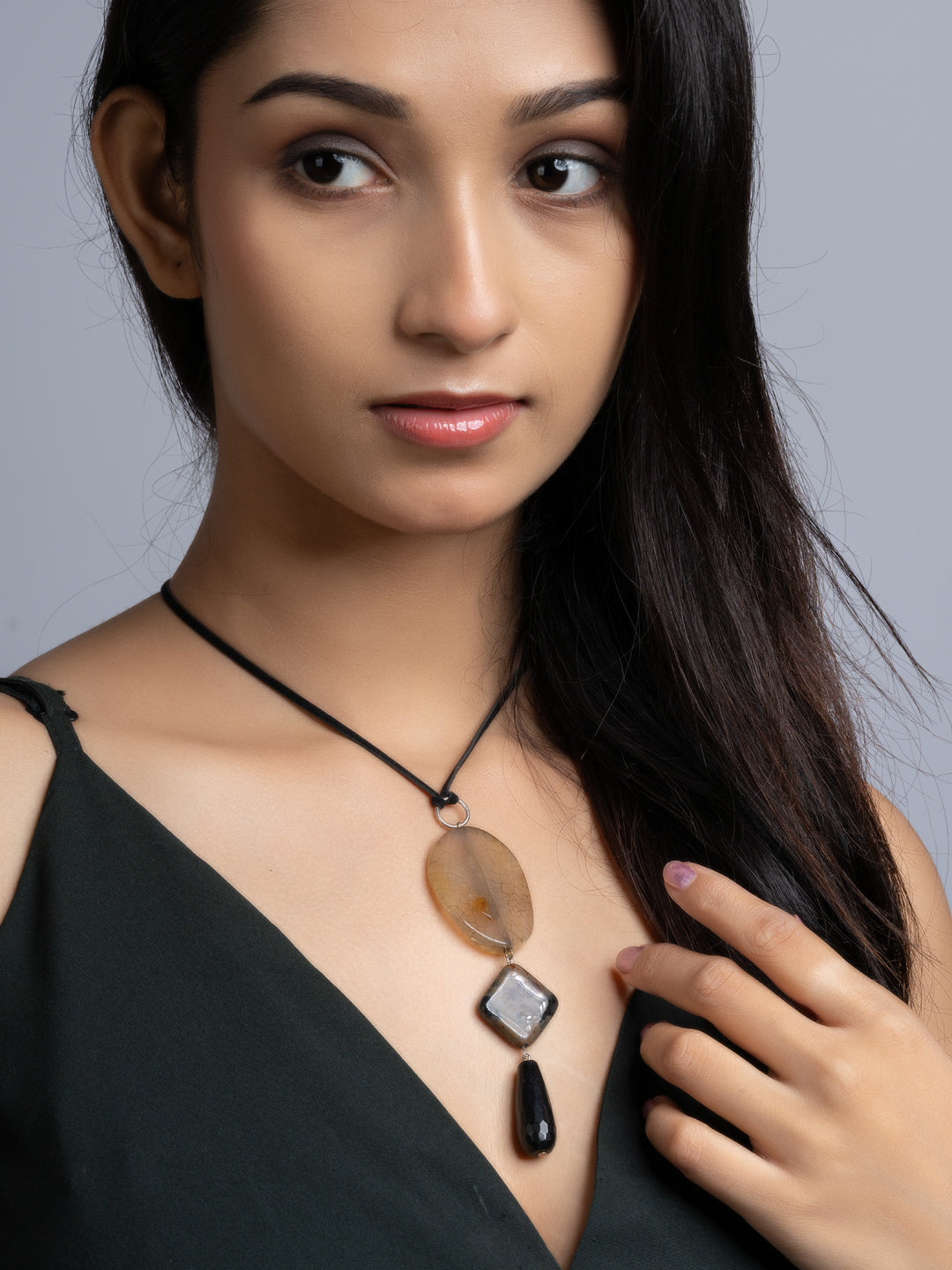 Black Brown Onyx Agate Sleek Necklace With Adjustable Suede Cord