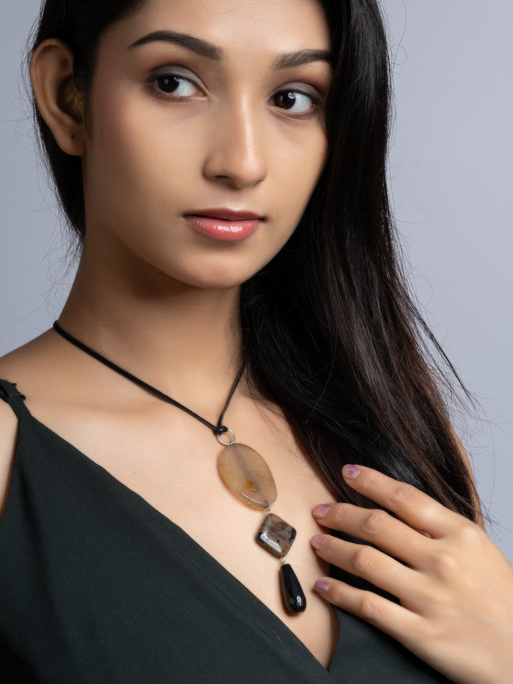 Black Brown Onyx Agate Sleek Necklace With Adjustable Suede Cord