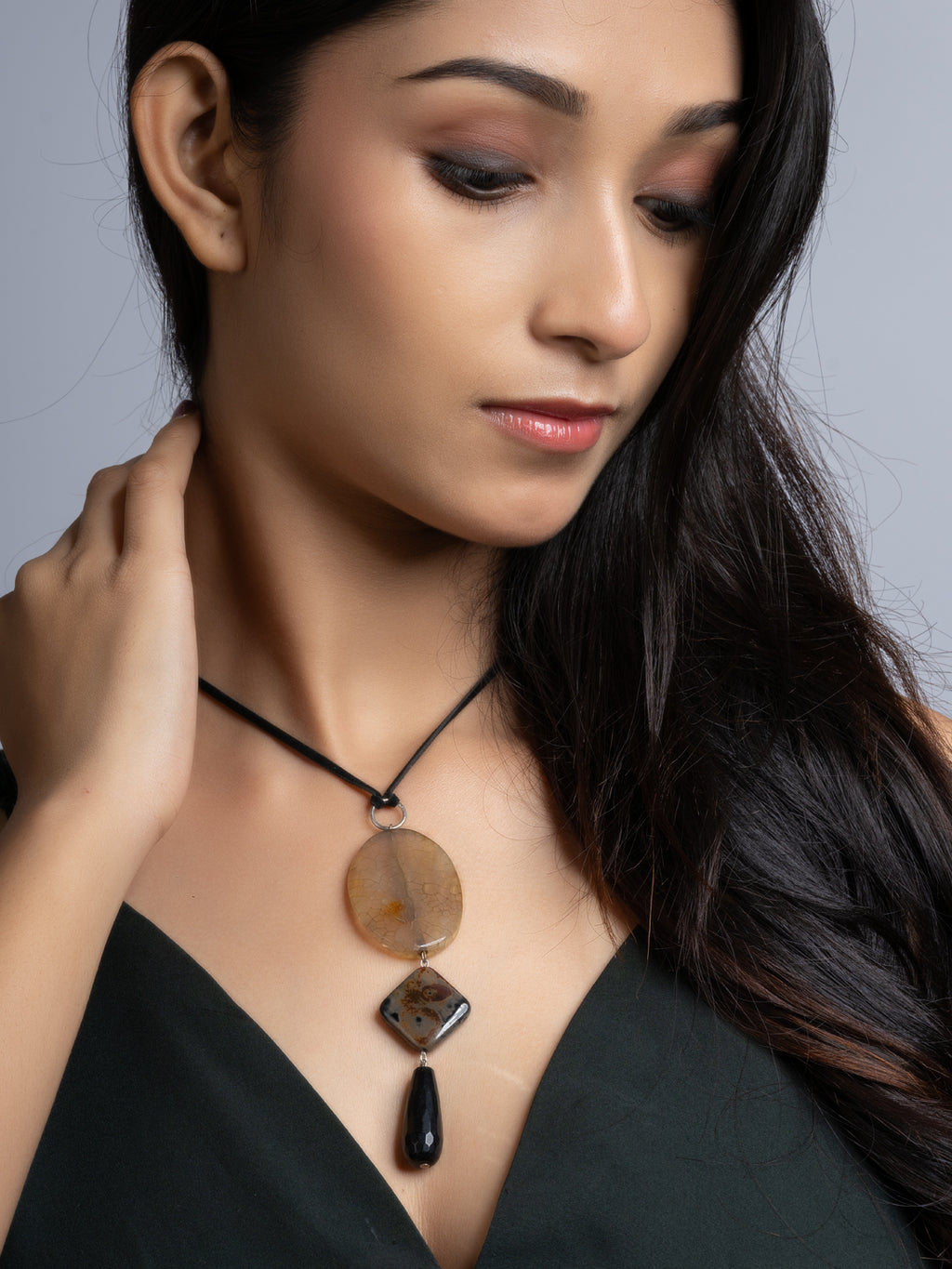 Black Brown Onyx Agate Sleek Necklace With Adjustable Suede Cord