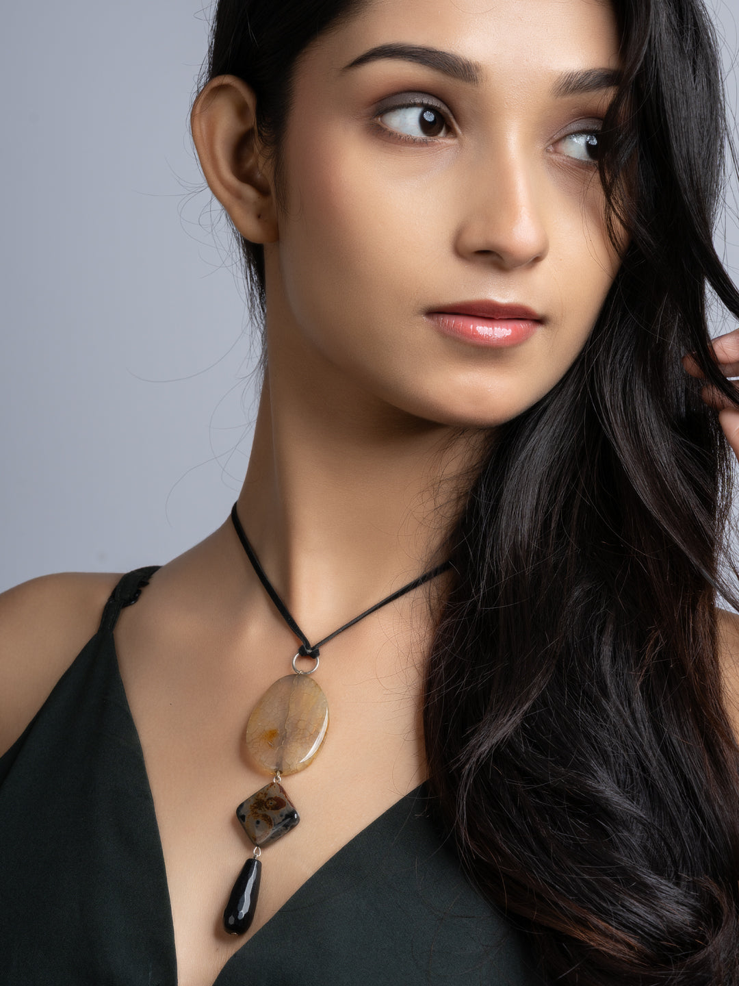 Black Brown Onyx Agate Sleek Necklace With Adjustable Suede Cord