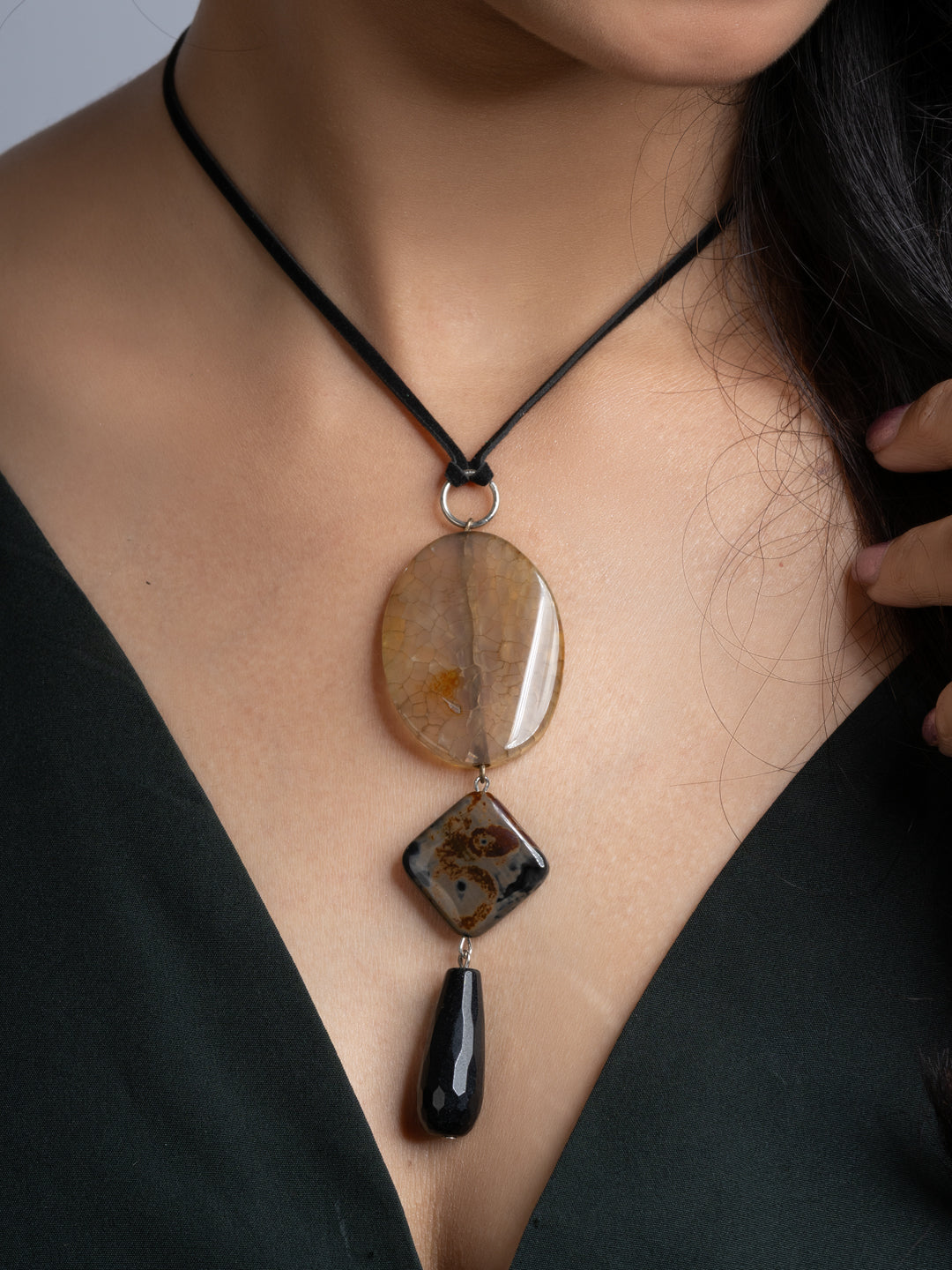 Black Brown Onyx Agate Sleek Necklace With Adjustable Suede Cord