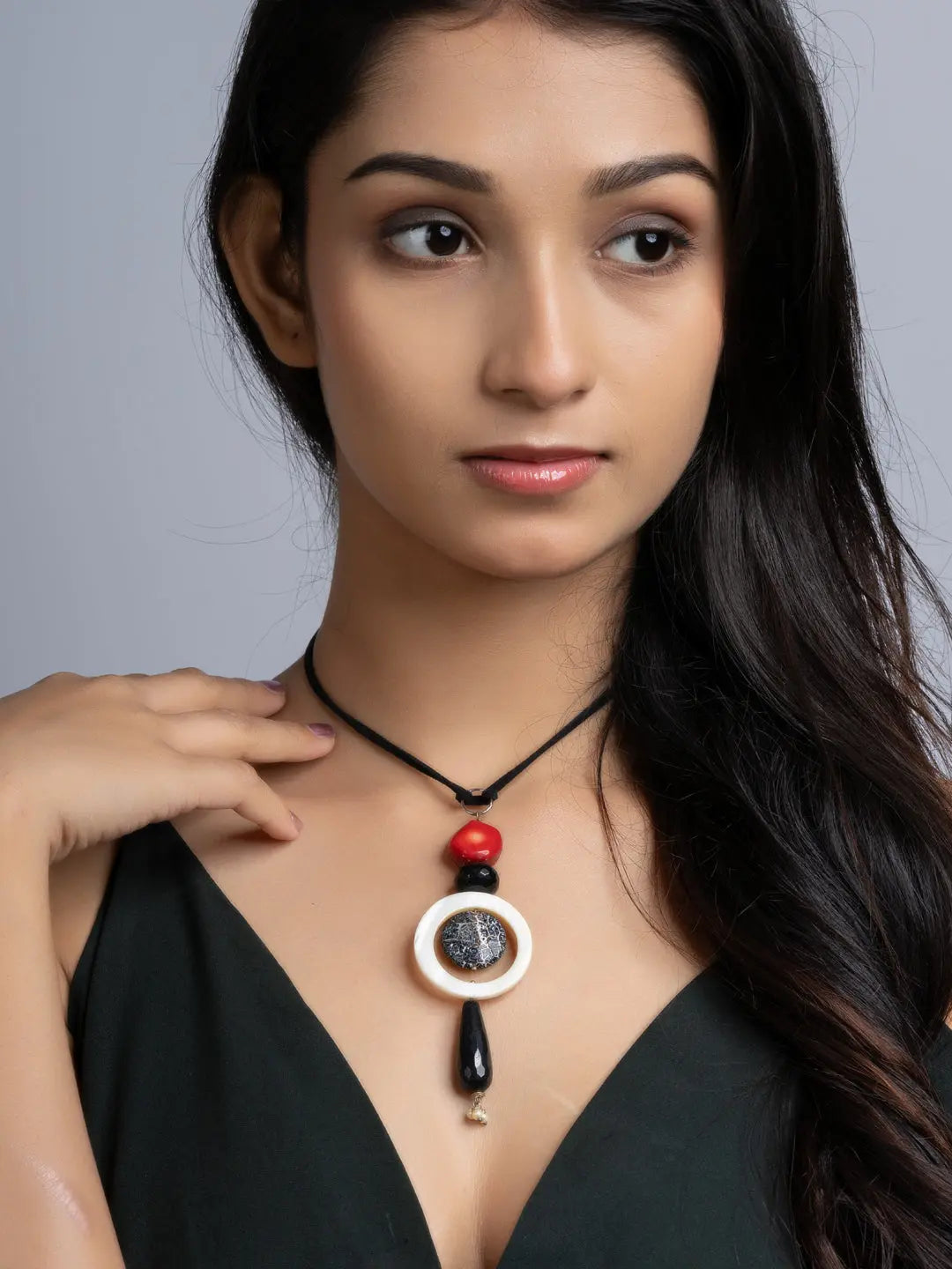 Black White Red Lava Onyx Coral Sleek Necklace With Adjustable Suede Cord LOOK AND ADORN - designed for you